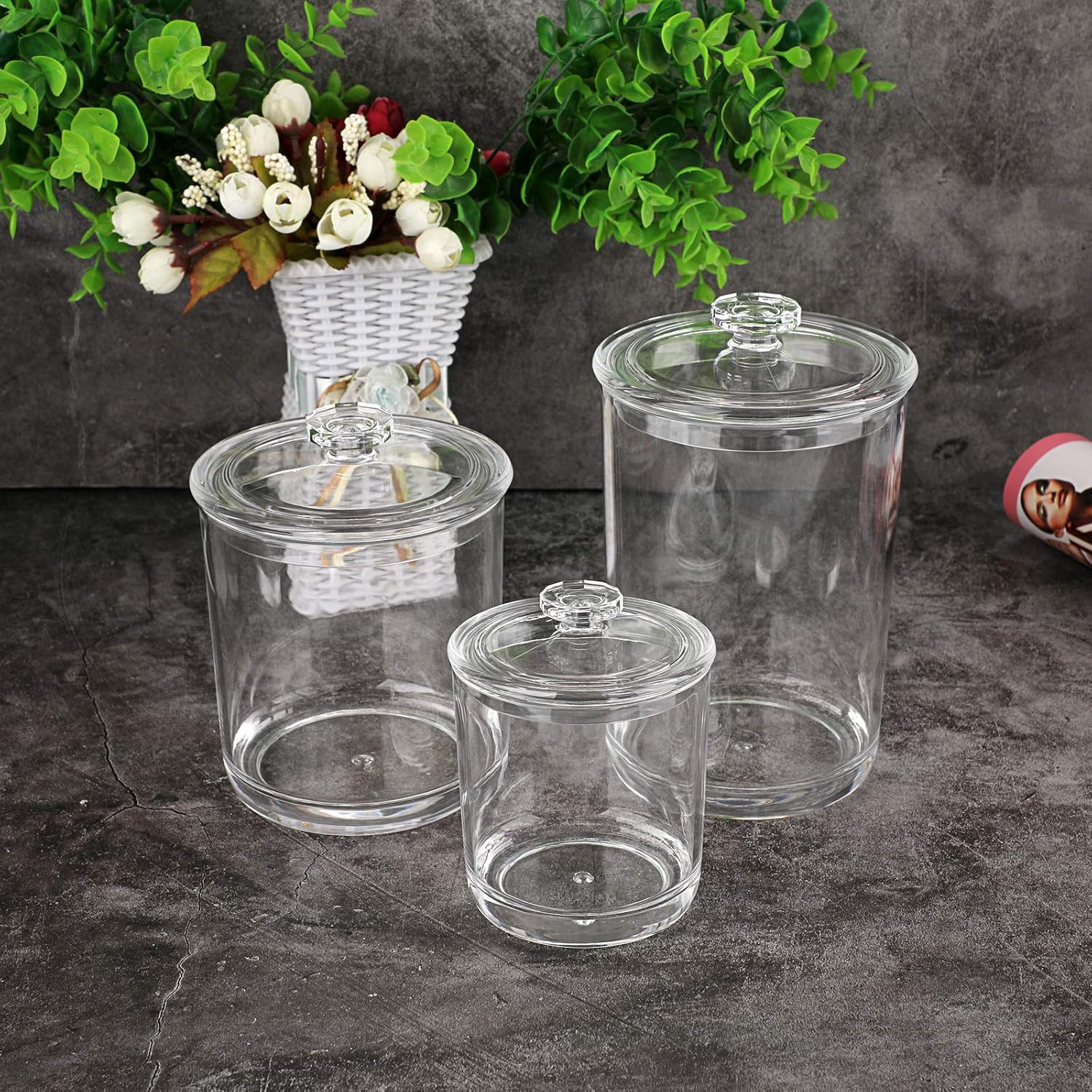 Hipiwe Clear Plastic Apothecary Jars with Lid, Set of 3 Large Q-Tips Holder