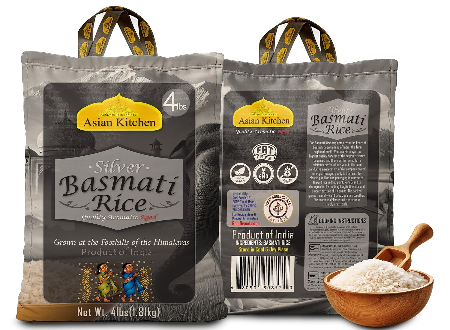 Asian Kitchen Platinum White Basmati Rice Extra Long Aged 20lbs (9.08kg) ~ All Natural | Gluten Friendly | Vegan | Indian Origin | Export Quality