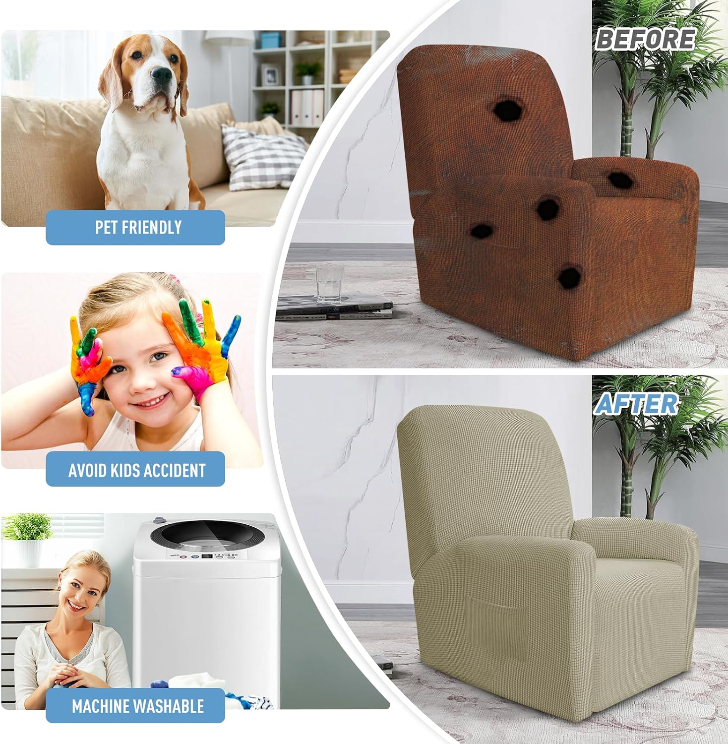 JIVINER Super Stretch Recliner Chair Covers 4 Pieces Sofa Slipcover for Reclining Chair Spandex Soft Recliner Slipcover with Pockets Recliner