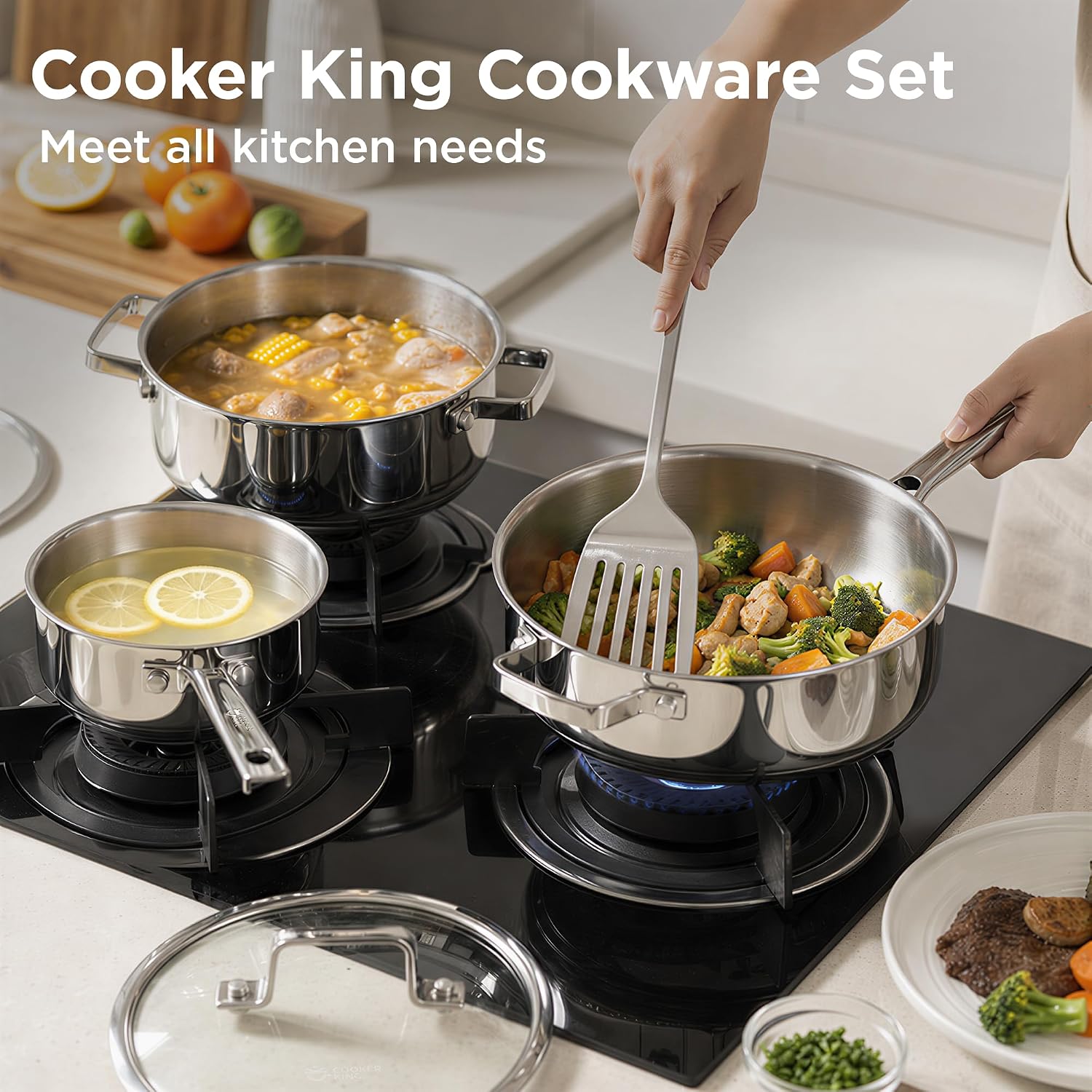 Tri-Ply Stainless Steel Cookware Set, 10pcs Pots and Pans Set Non Toxic | PFOA Free, Oven Safe to 900℉, Dishwasher Safe, All Cooktop Compatible