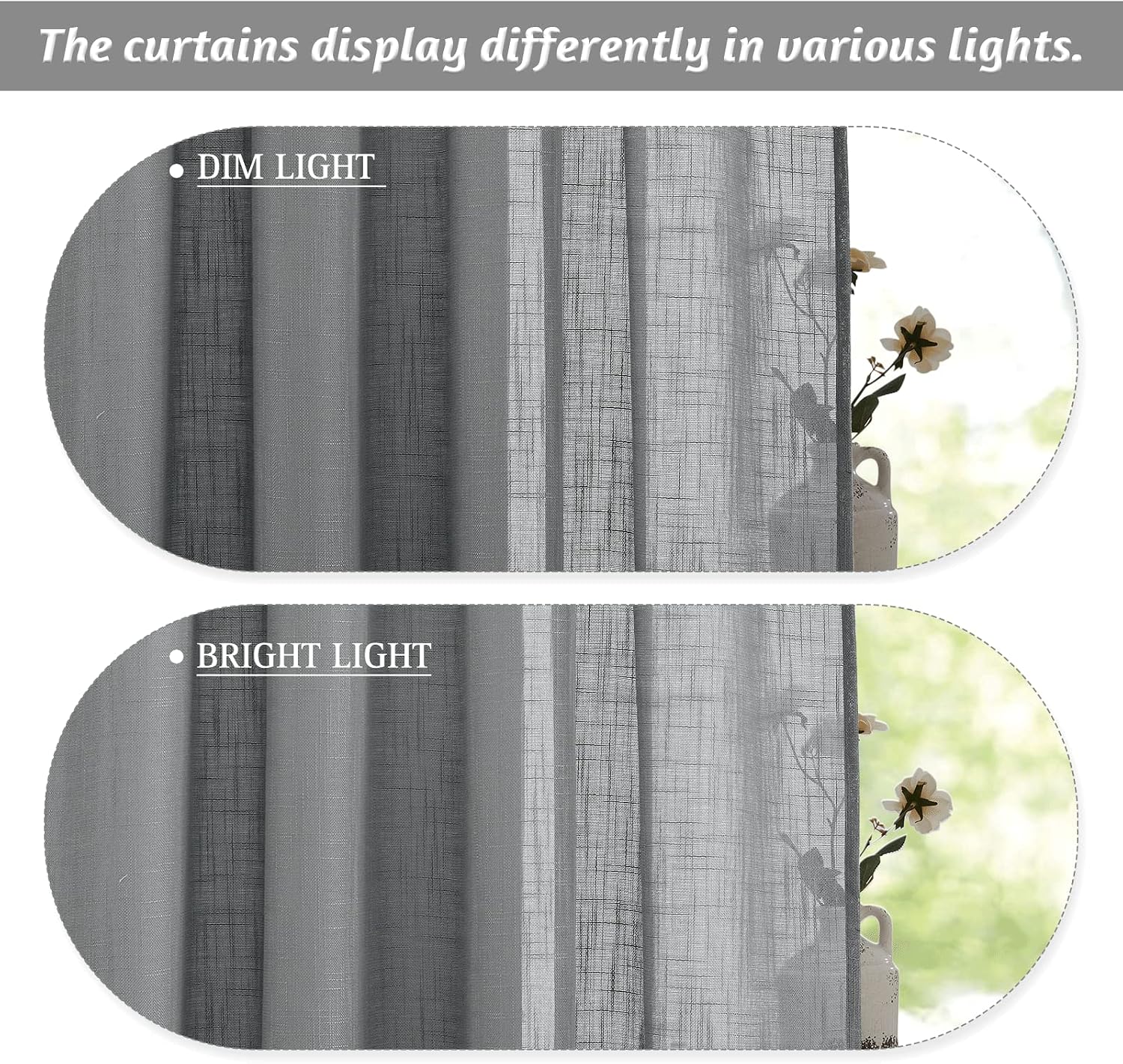 RYB HOME Linen Sheer Curtains - Linen Textured Semi Sheer Curtains for Kids Nursery Bedroom Living Room Window