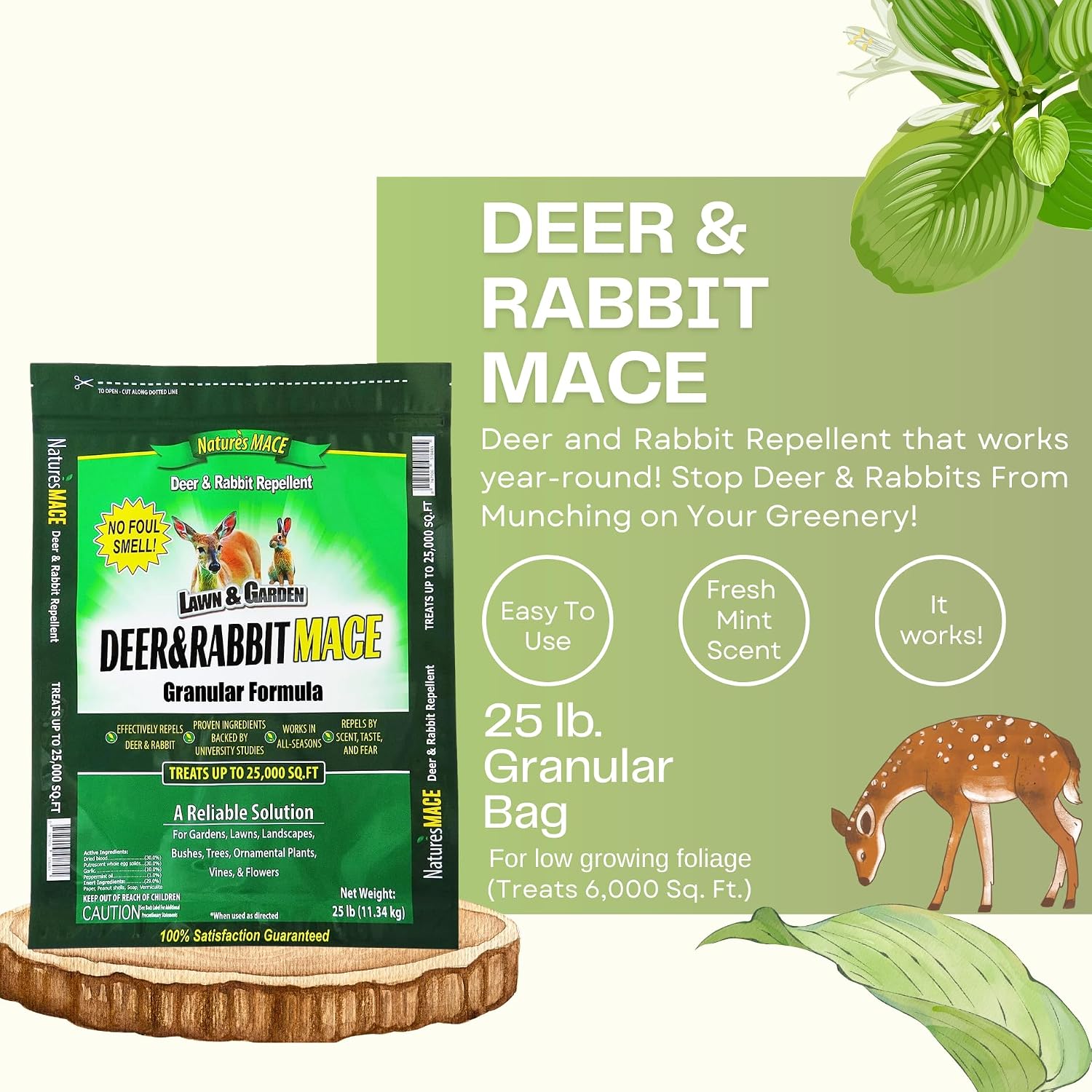 Nature's MACE Deer & Rabbit Repellent 25 lb Granules | Covers 25,000 Sq Ft, Repel Deer from Your Home & Garden, Deterrent, Safe to use Around Children, Plants, Produce.