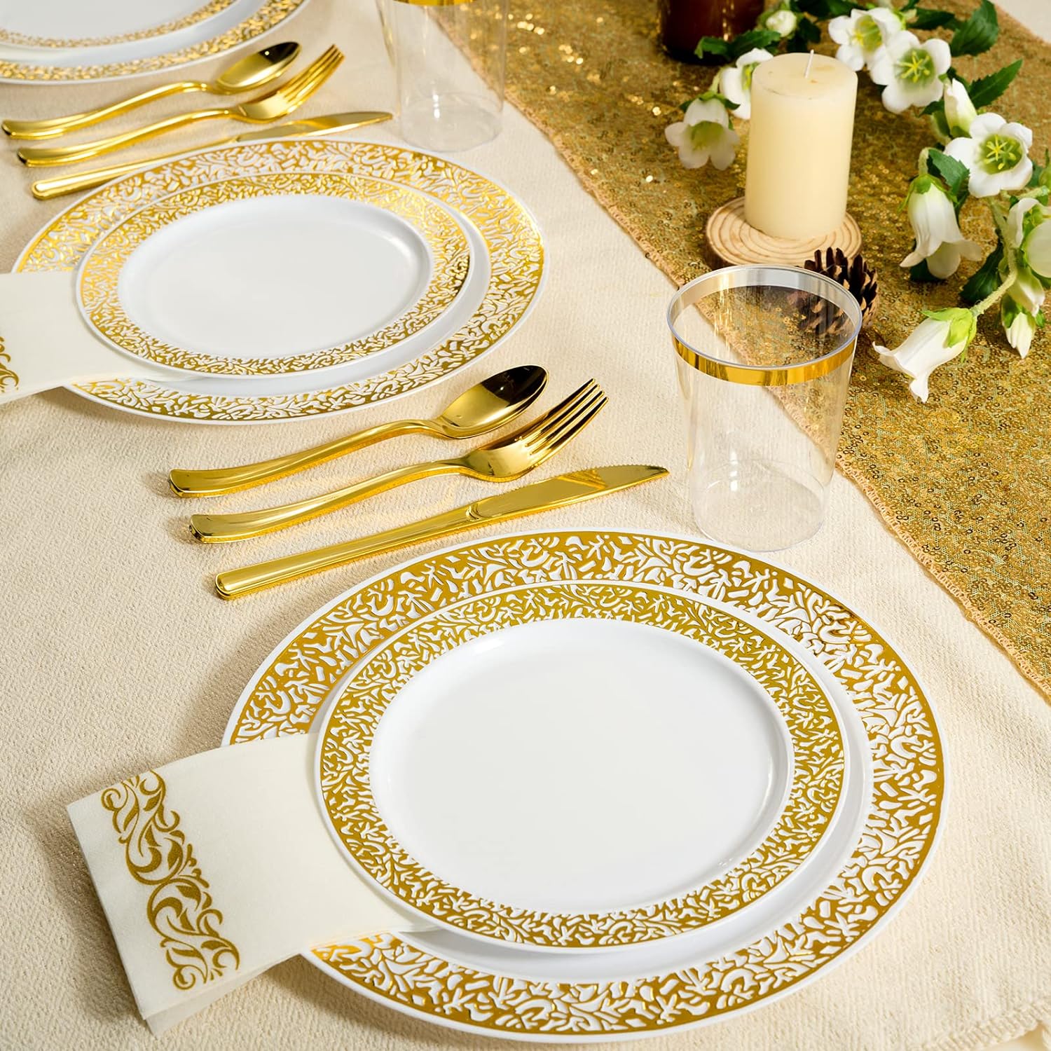 FOCUSLINE 175 Pieces Rose Gold Disposable Dinnerware Set for 25 Guests