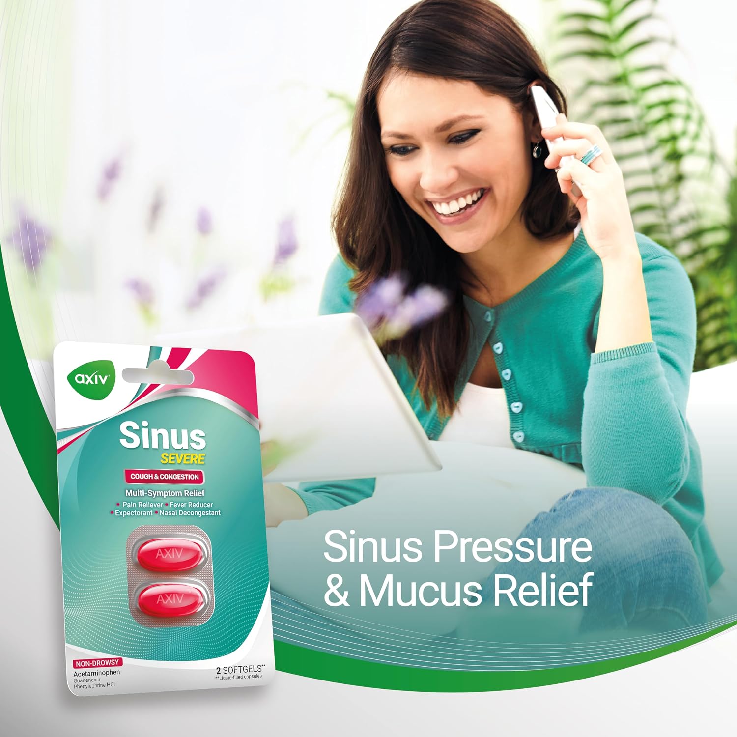 AXIV Sinus Severe + Mucus Relief, Non-Drowsy, Loosens Mucus, Maximum Strength Relief of Pain, Pressure, Congestion, & Headache Ease, 24 Softgels.
