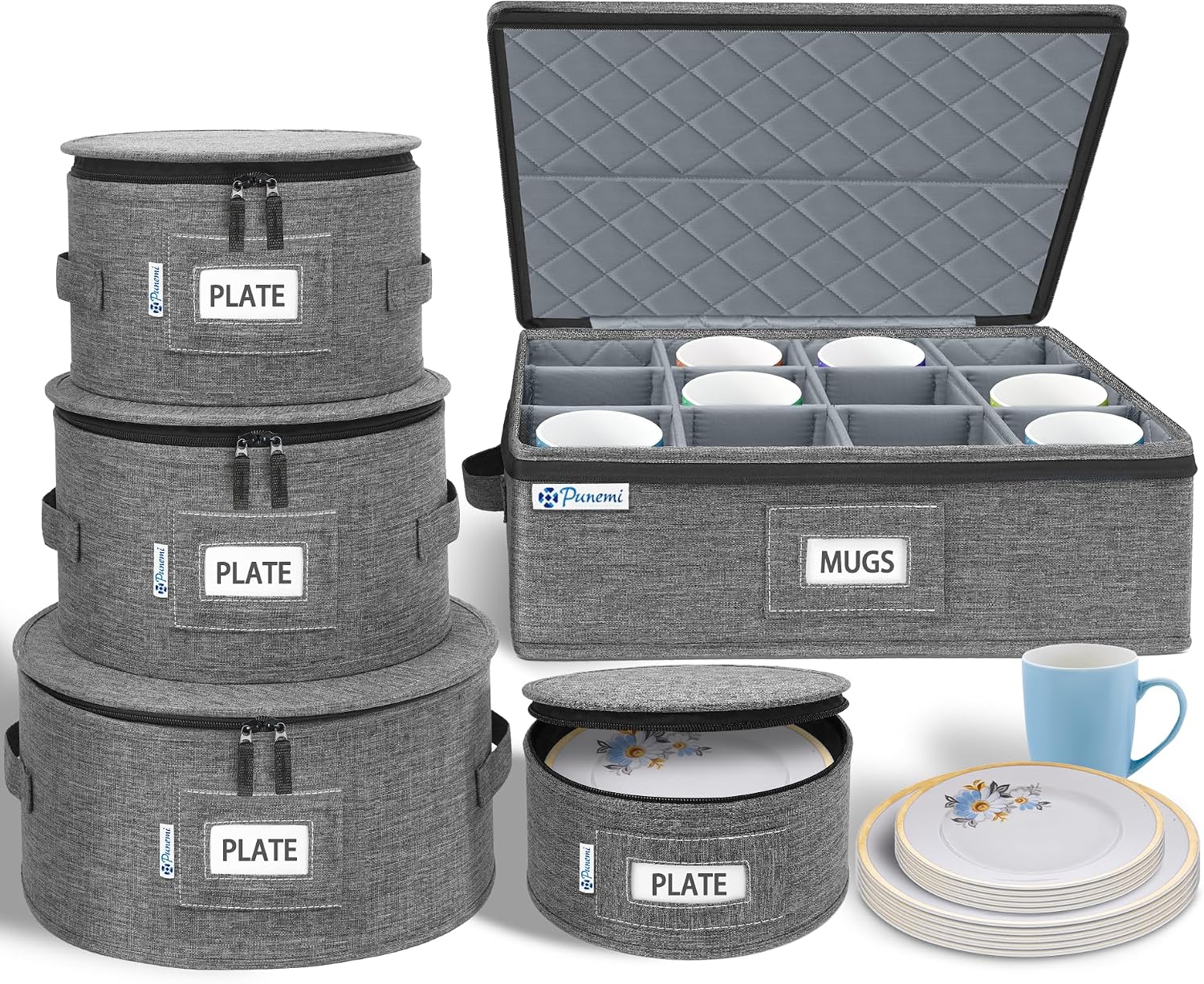China Storage Containers, 4-Pack Hard Shell Plate & Dish Cases for Moving | Padded dividers and quilted lining protect plates and dishes; stackable for moving and holiday storage, beige hold set of 12