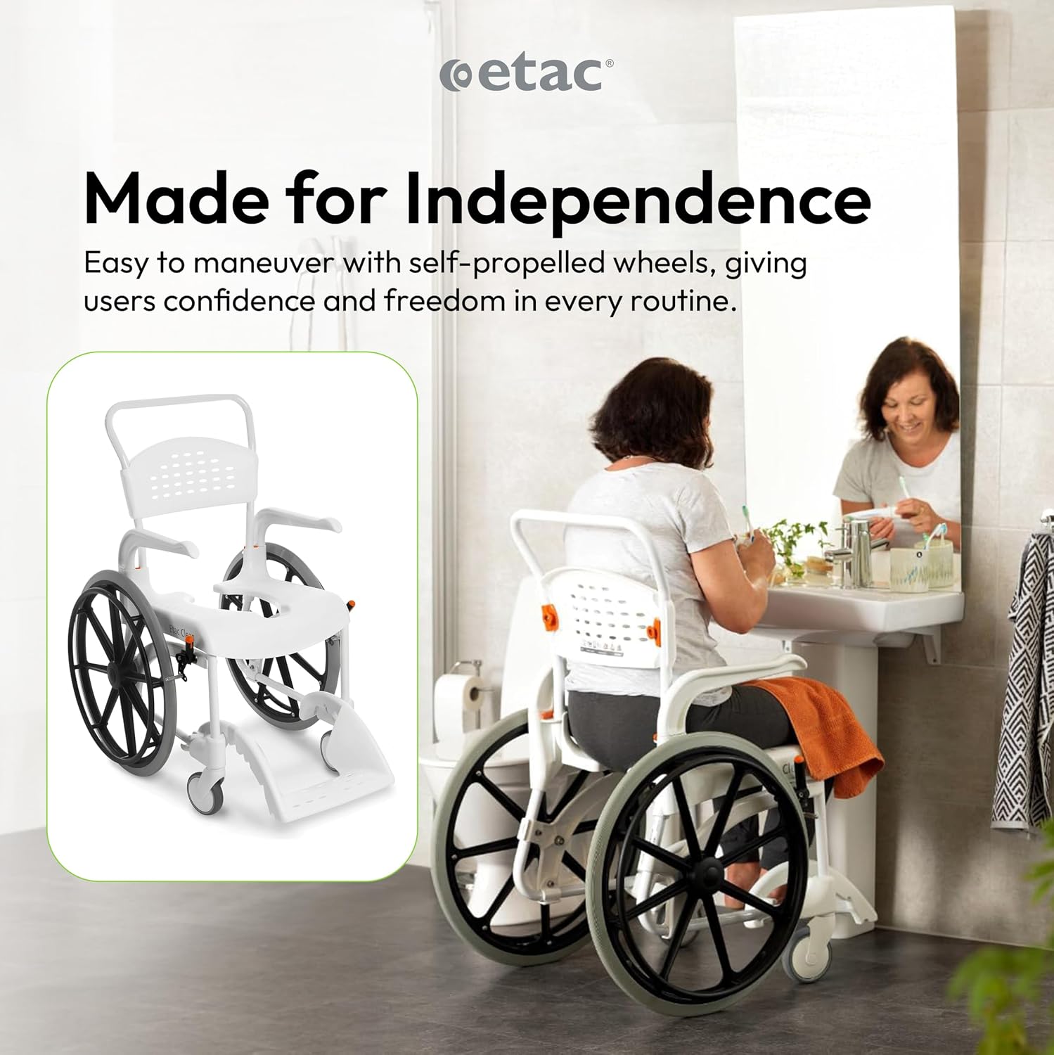 Etac Clean 24" Self-Propelled Shower Chair with Wheels - 21 3/4 Inch Fixed Height with 24 Inch Rear Wheels - Shower Wheelchair for Elderly and Disabled - Movable Armrest & Ergonomic Footrest