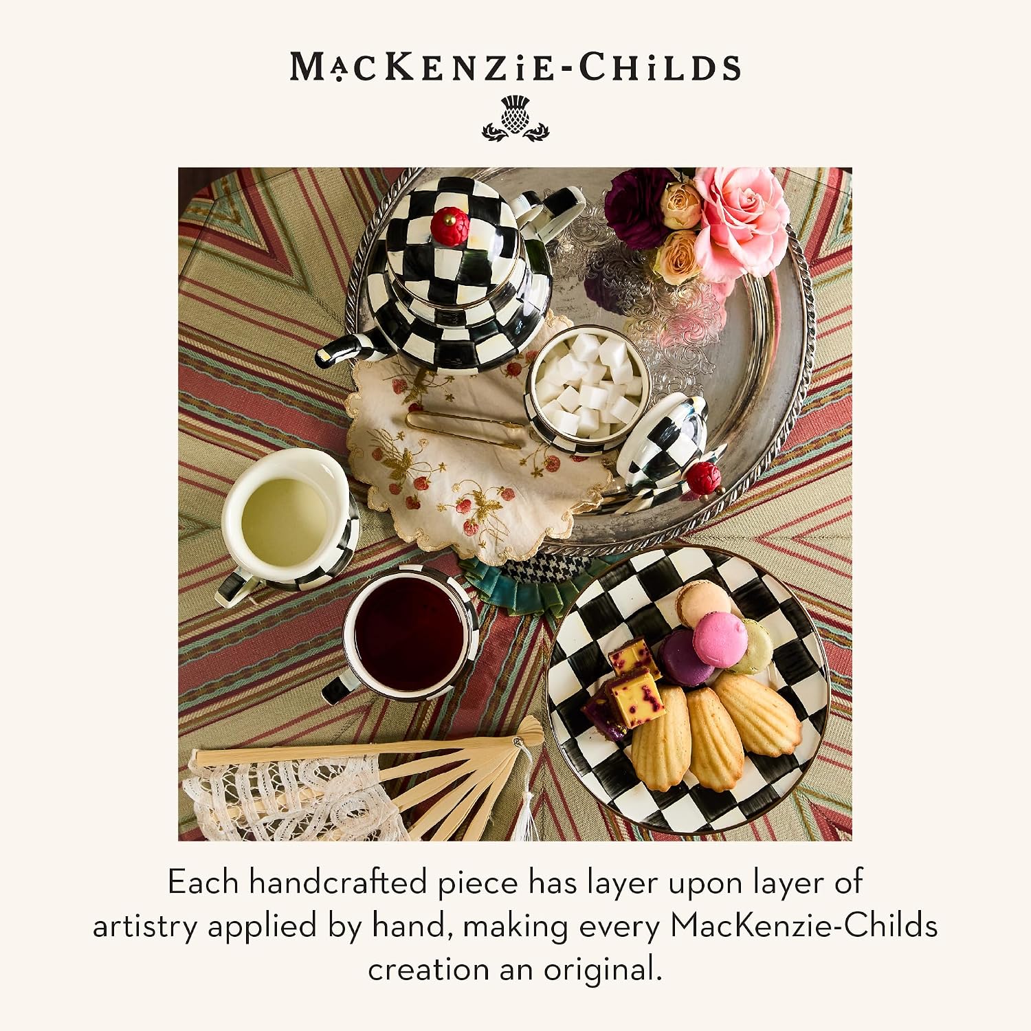 MACKENZIE-CHILDS Pedestal Platter, Mini, Black-and-White Courtly Check | Hand-painted design, made from enameled steel, stackable round cake stand for serving desserts, 8" dia. x 3" H
