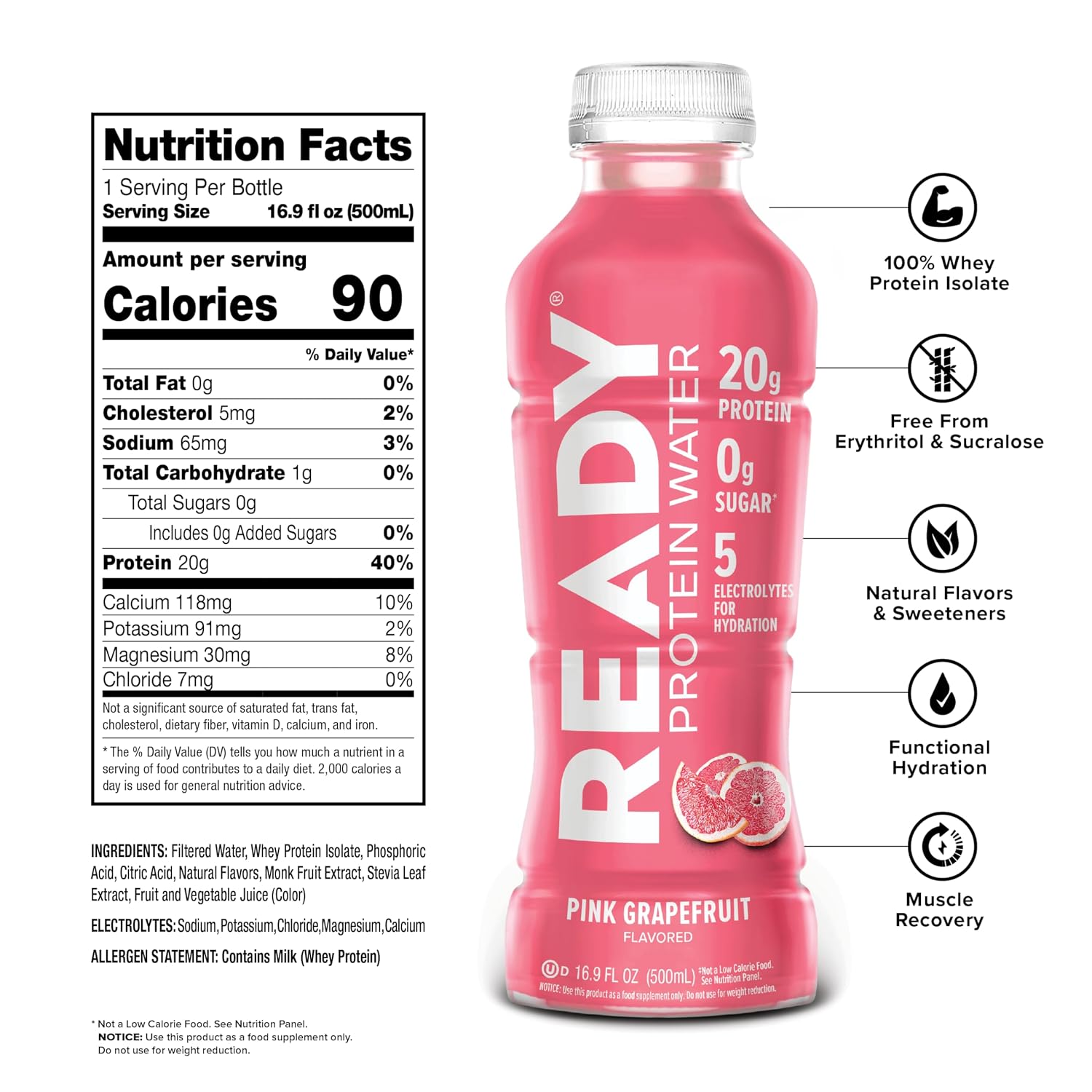 Ready Clear Protein Water, Blueberry, 20g Whey Protein Isolate, 12 Pack