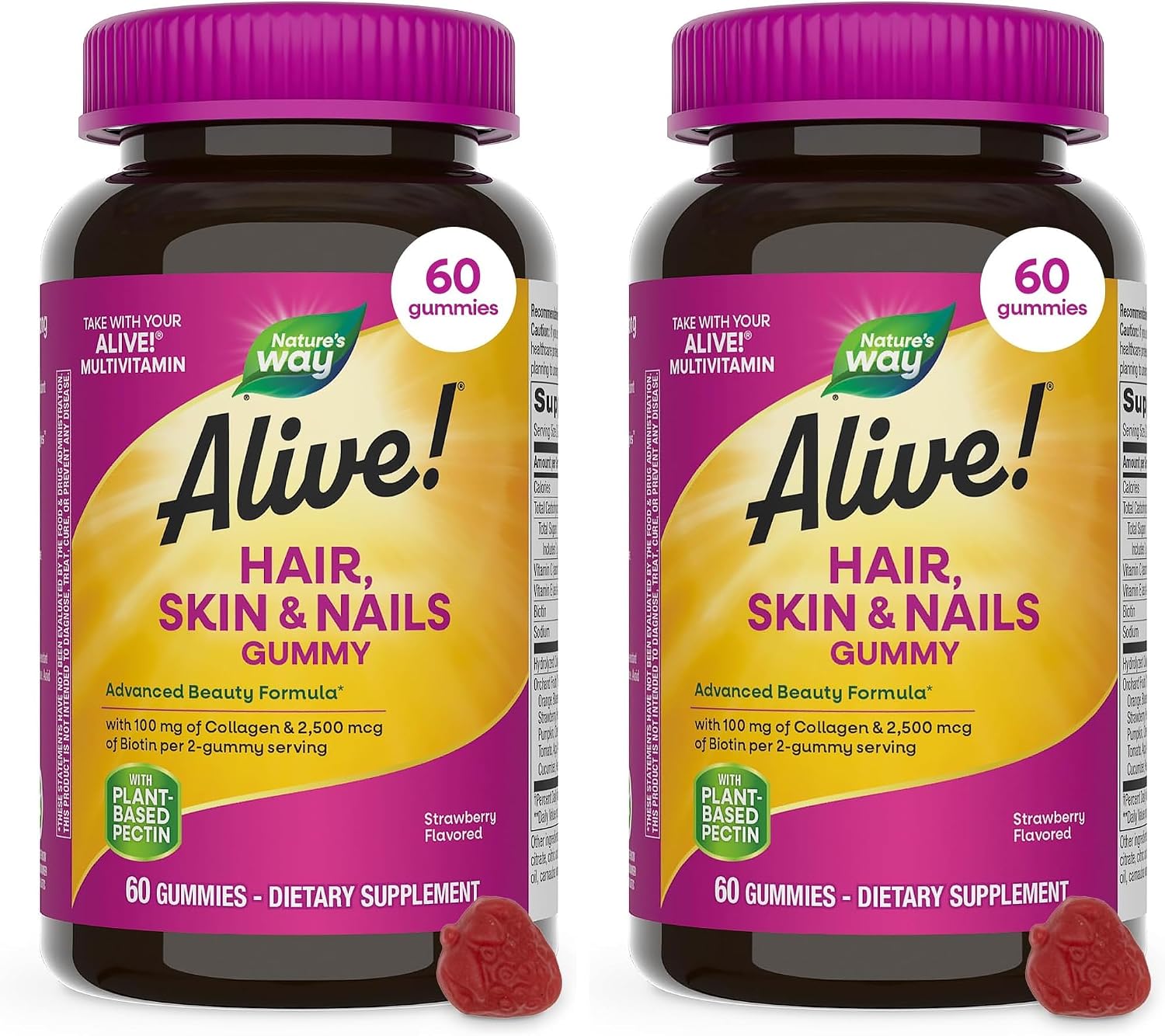 Nature's Way Alive! Hair, Skin & Nails Gummies with Collagen & Biotin,60 ct | Advanced Beauty Formula Supplement with Antioxidant Vitamins C & E*, 100 mg Collagen, 2,500 mcg Biotin, Strawberry Gummy