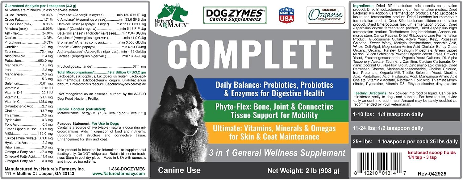 Dogzymes Complete - Probiotics, Prebiotics, Glucosamine, Chondroitin, MSM and Hyaluronic Acid, Complete Skin and Coat Care (2 Pound)