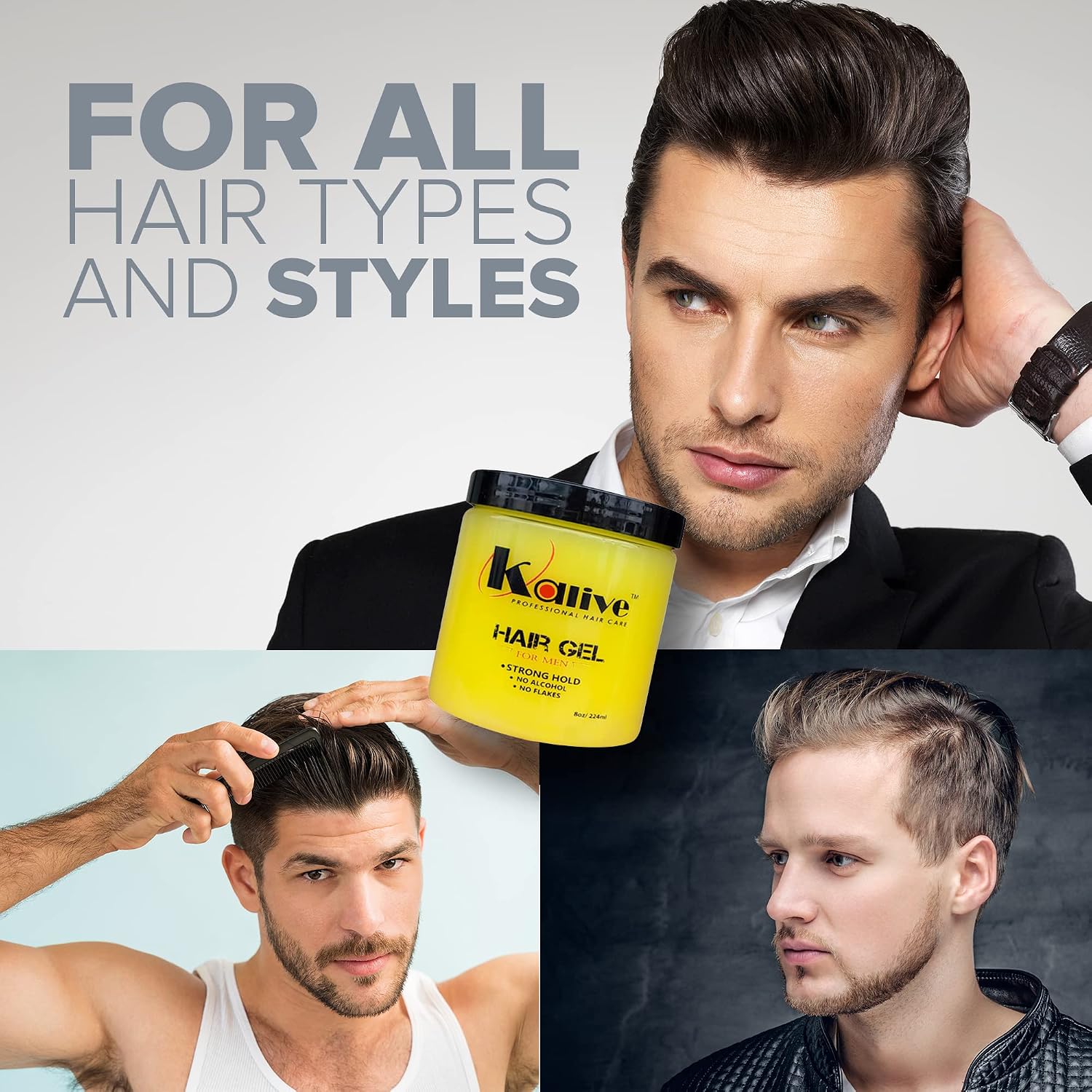KALIVE Men's Hair Styling Gel 8 oz, Strong-Hold and Light Shine all day, No Flaking.
