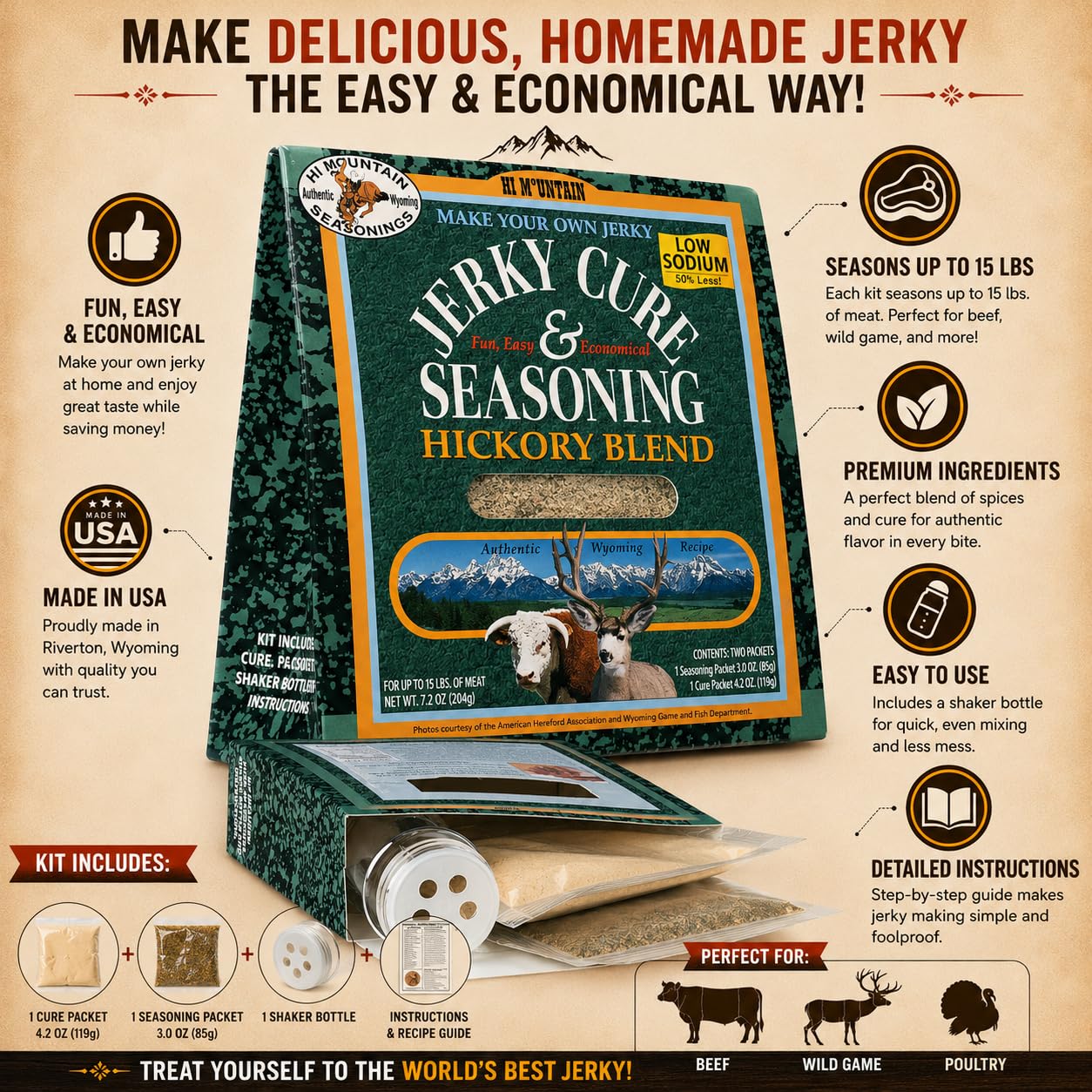 Hi Mountain HUNTERS BLEND Jerky Seasoning and Cure Kit | Low Sodium | Savory hunter-style flavor, perfect beef jerky seasoning for deer, elk, & venison. Smoker, dehydrator, or oven. Makes 15 lbs
