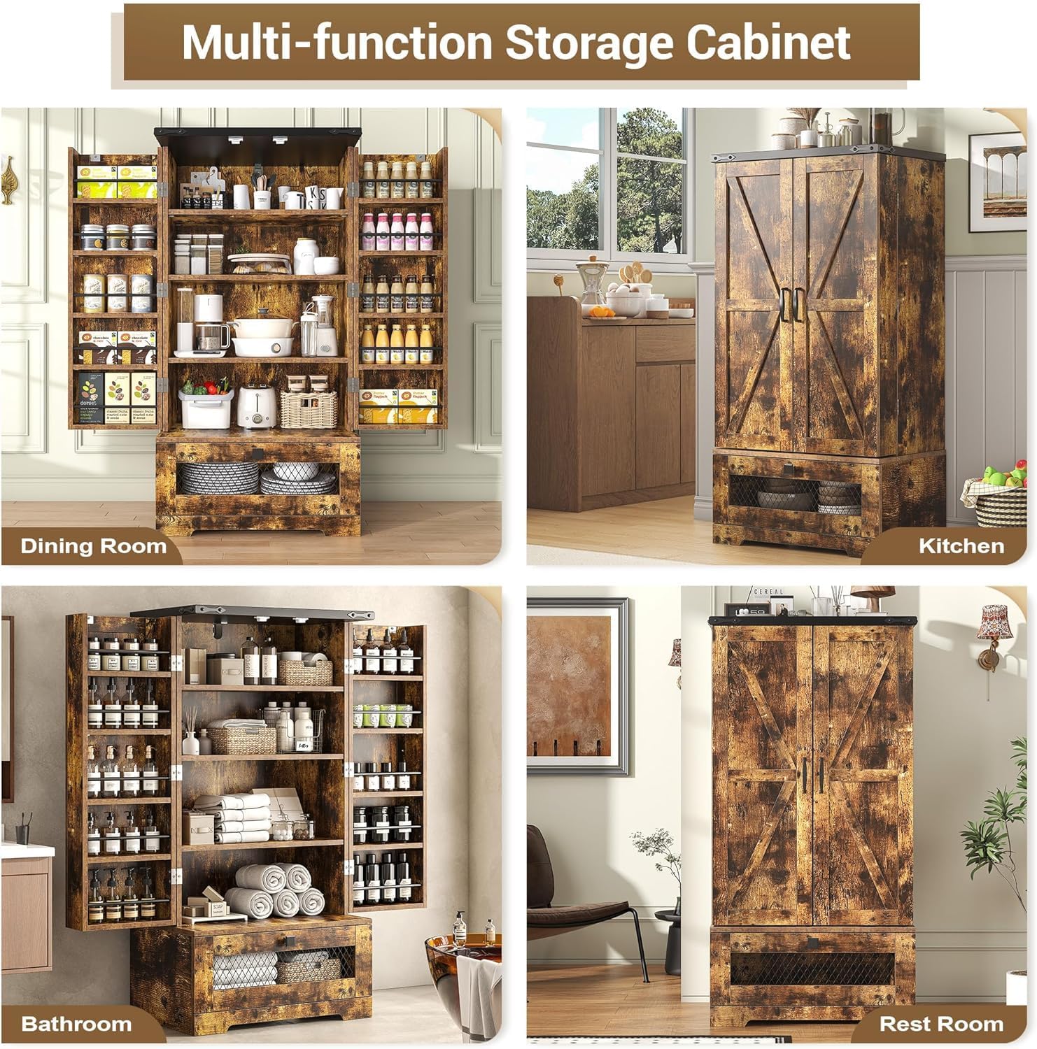 kepptory 47” Pantry Cabinet, Kitchen Pantry Storage Cabinet with Doors and Adjustable Shelves,Freestanding Buffet Cupboards Sideboard for Living Room and Dinning Room (White)