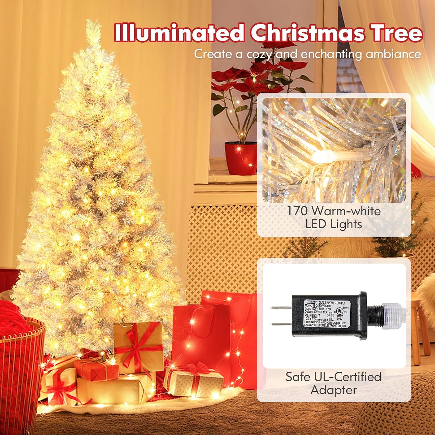 Goplus 7.5ft Pre-Lit Artificial Christmas Tree, Premium PVC Snow Flocked Hinged Pine Tree with Metal Stand and LED Lights