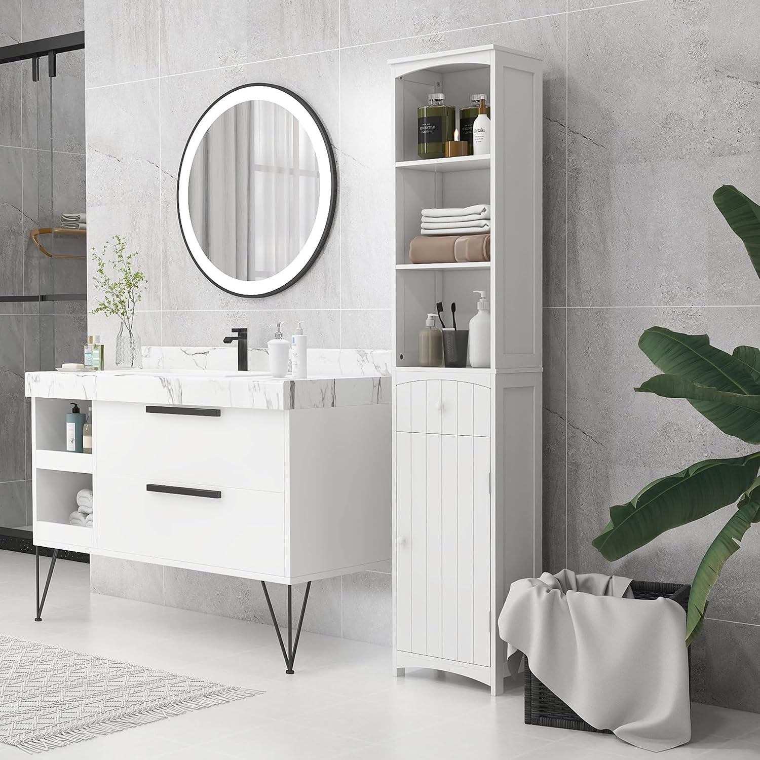 HOMCOM Bathroom Storage Cabinet Free Standing Bathroom Storage Unit White | Tall Linen Tower, 3-Tier Shelves, Drawer