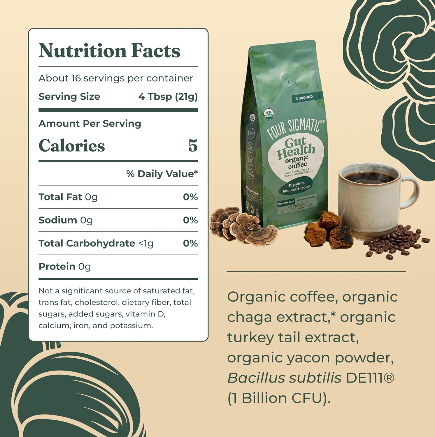 Four Sigmatic Organic Focus Mushroom Ground Coffee | Dark Roast, Organic Coffee with Lion's Mane & Chaga Mushroom for Mental Clarity & Energy Support | 12oz Bag