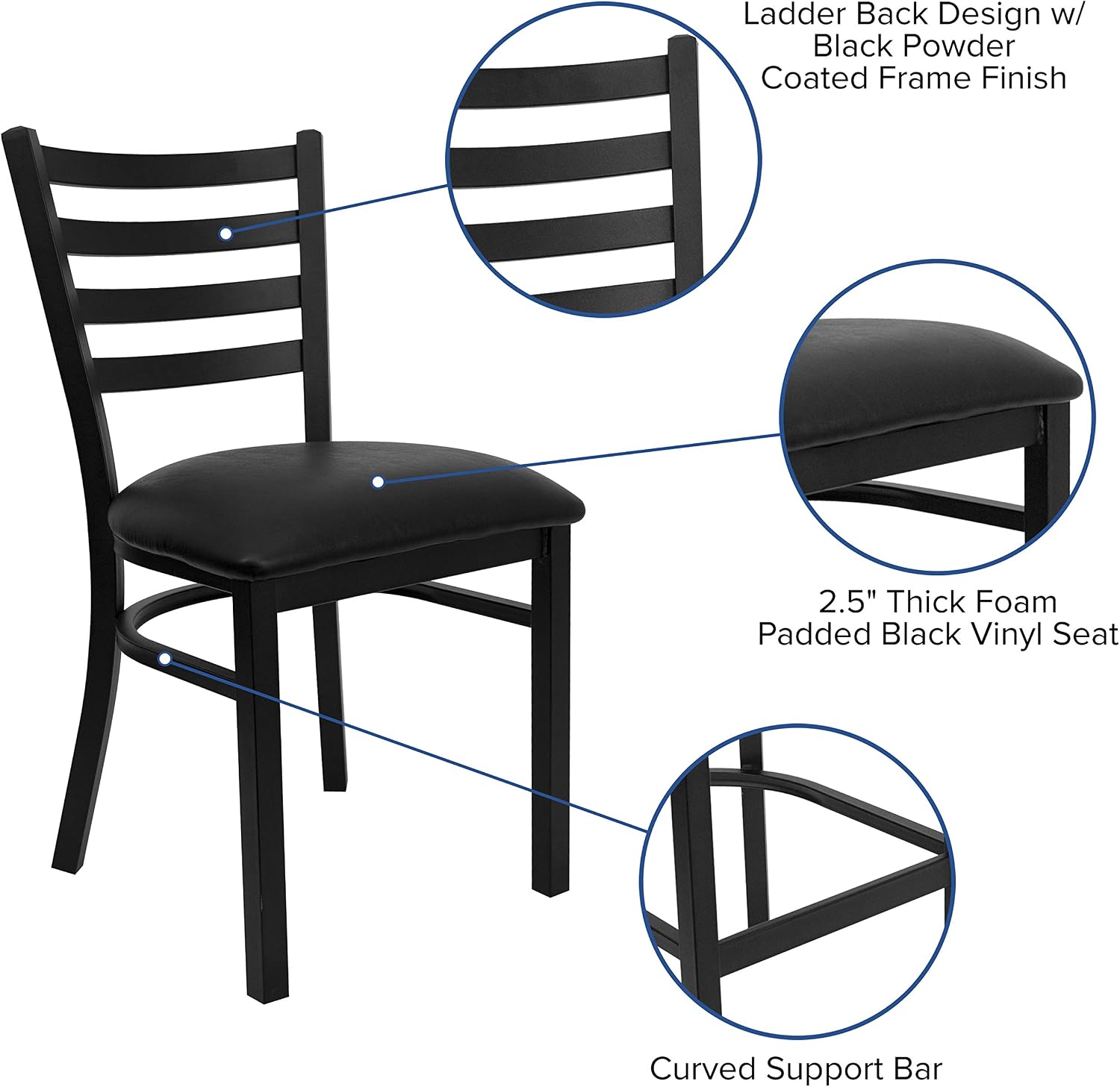 Flash Furniture Hercules Series Commercial Ladder Back Restaurant Chairs, Modern Lightweight Metal Dining Chairs with Padded Seats, Set of 2, Black