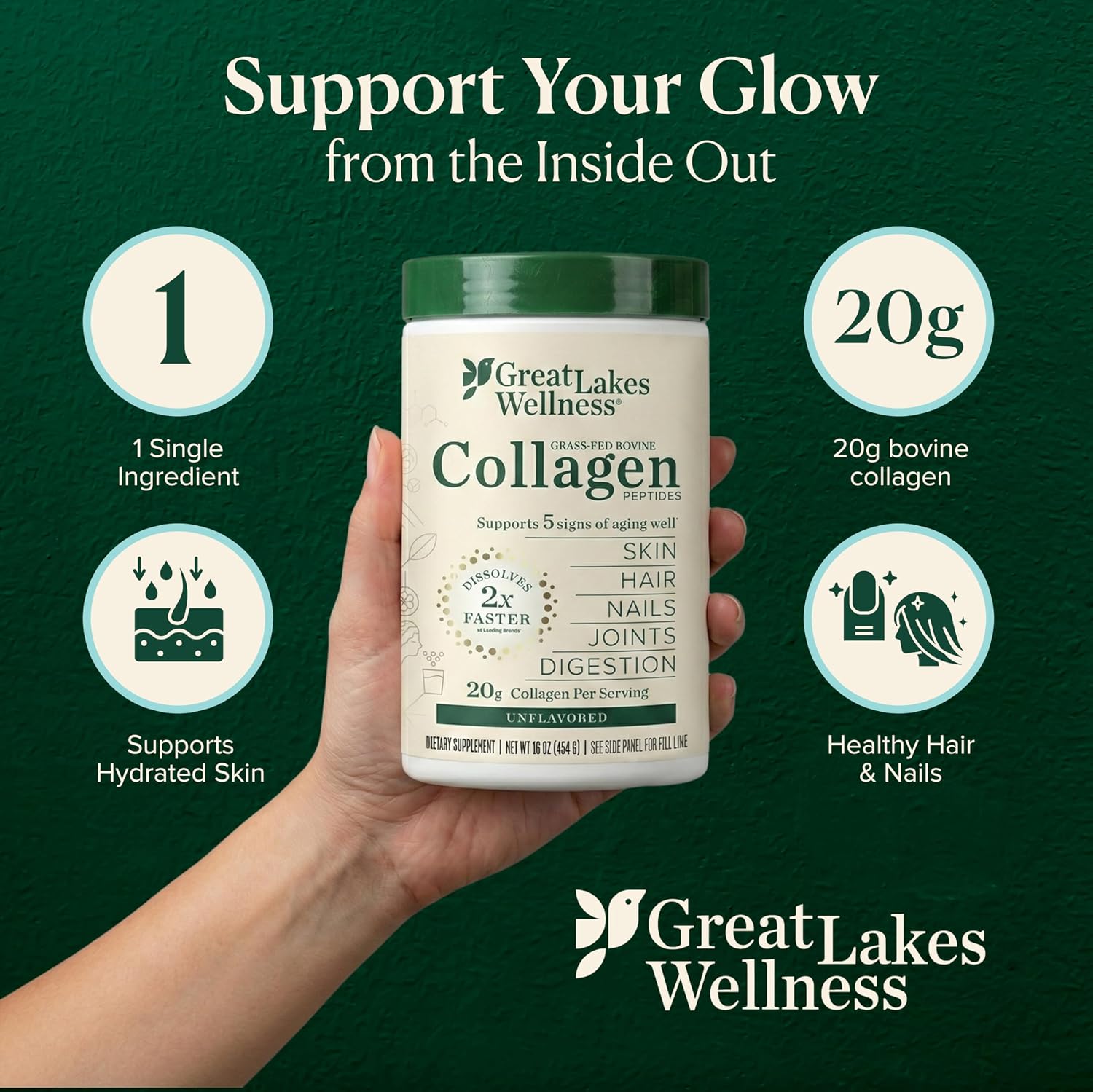 Great Lakes Wellness Collagen Peptides Powder – Supports Skin, Hair, Nails, Joints & Digestion – Hydrolyzed, Non-GMO, Keto & Kosher – Pure Collagen Protein (16 oz, 22 Servings) Packaging may vary