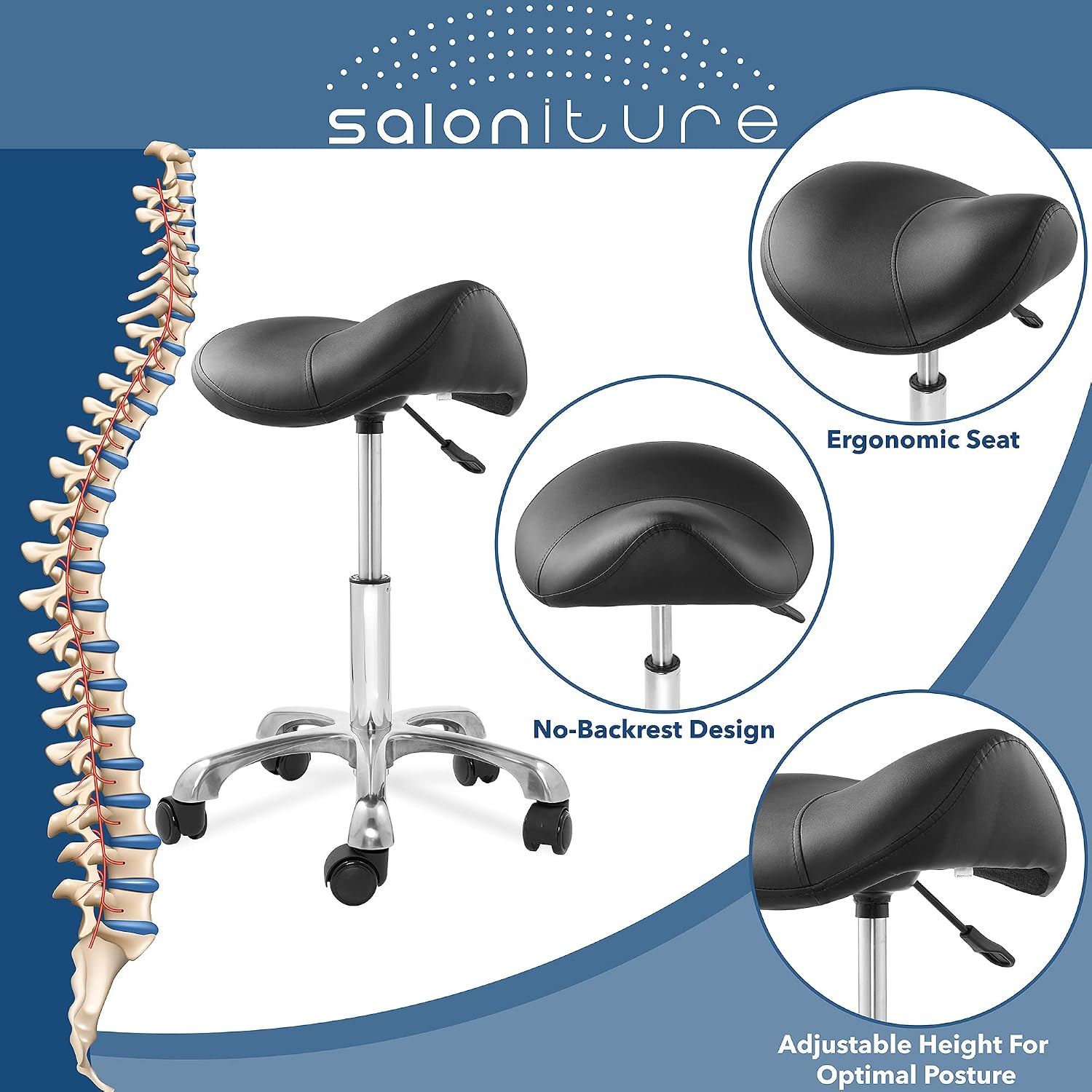 Saloniture Professional Ergonomic Saddle Stool, Black - Adjustable Hydraulic Seat, Rolling Spa Salon, Massage