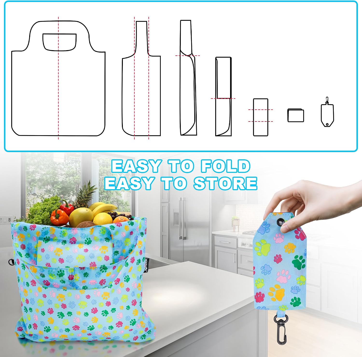 HOLYLUCK Reusable Grocery Bags,Heavy Duty Foldable Shopping Tote Bag (Standard, 3 Blue Geometric Flowers)
