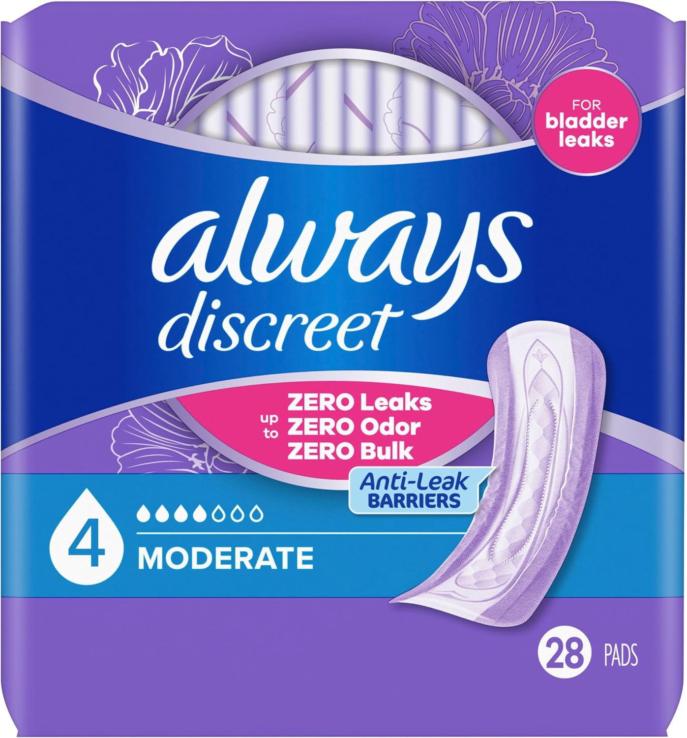 Always Discreet Adult Incontinence Pads for Women, Drier, 4 Drop Long Length, Moderate Absorbency, Pads for Bladder Control Management, Bladder Leaks, & Postpartum Pads, 54ct
