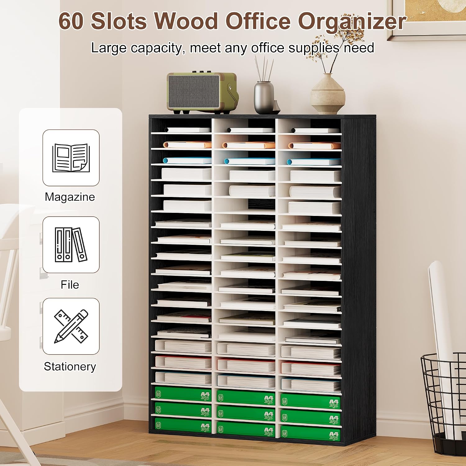 EasyPAG 12 Compartments Wooden Literature Organizer with Adjustable Shelves, 6000 Sheets Capacity Paper Organizer