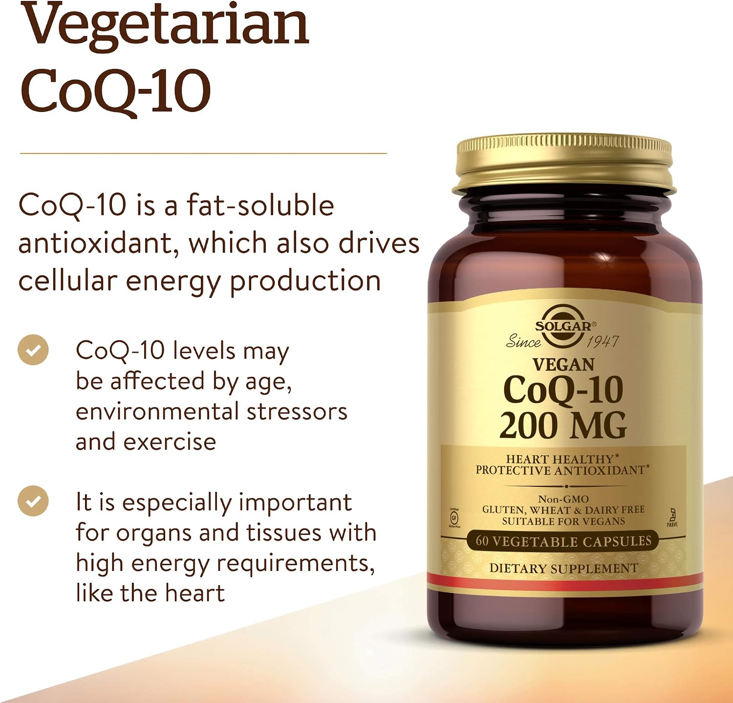 Solgar Vegetarian CoQ-10 200 mg, 60 Vegetable Capsules - Non-GMO | Supports Cellular Energy, Gluten Free, 60 Capsules