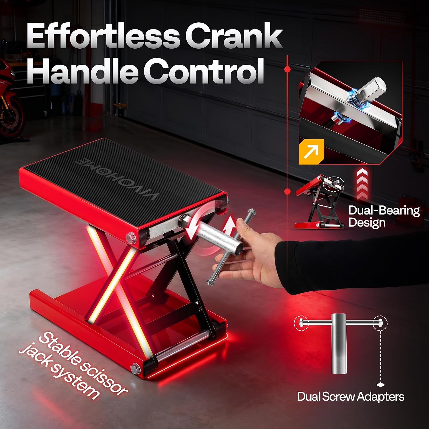 VIVOHOME 1100 LBS Motorcycle Lift Scissor Jack, Wide Deck Hoist Stand, Red | Height Adjustable Center Stand with Crank, Steel Lift for Cruiser, Dirt Bike, ATV