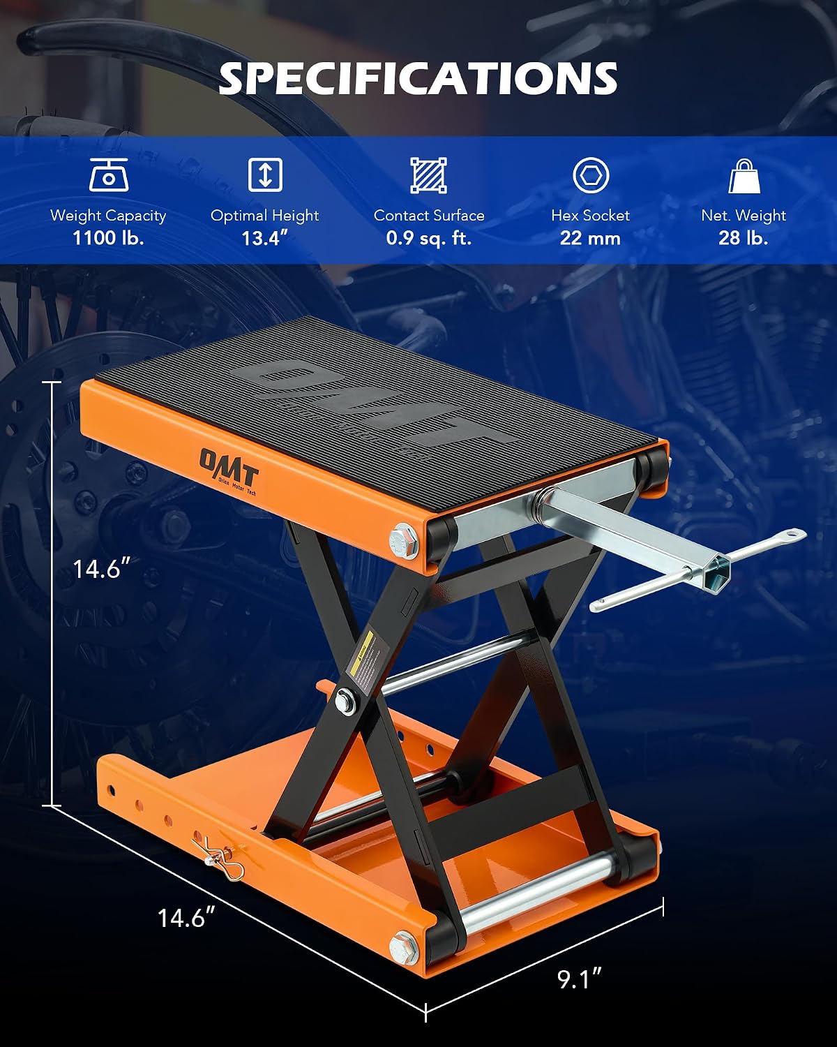 OMT 1100lb Motorcycle Scissor Lift Jack Wide Deck Motorbike Hoist Stand | Center Stand For ATV Dirt Bike Cruiser; T Handle And 3/8 Inch Socket; 3.7 To 14.6 Inch Lift; 5 Locking Holes; Chain Brush