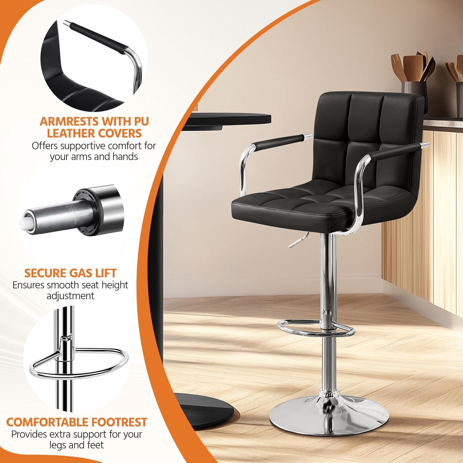 Yaheetech Bar Stools Set of 2, Swivel with Backs, Adjustable Height, White | 360° Swivel Barstools Feature Padded PU Leather Seats, Supportive Backs, 300 lb Capacity for Kitchen Islands