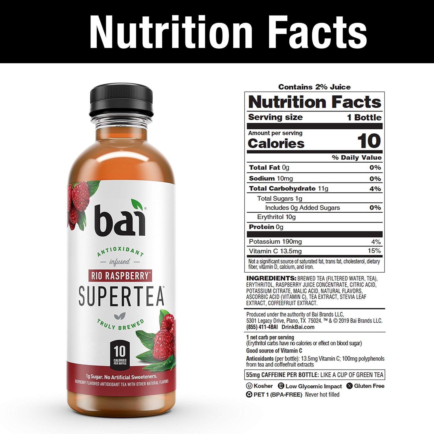Bai Iced Tea, Narino Peach, Antioxidant Infused Supertea, Crafted with Real Tea (Black Tea, White Tea), 18 Fluid Ounce Bottles, 12 count
