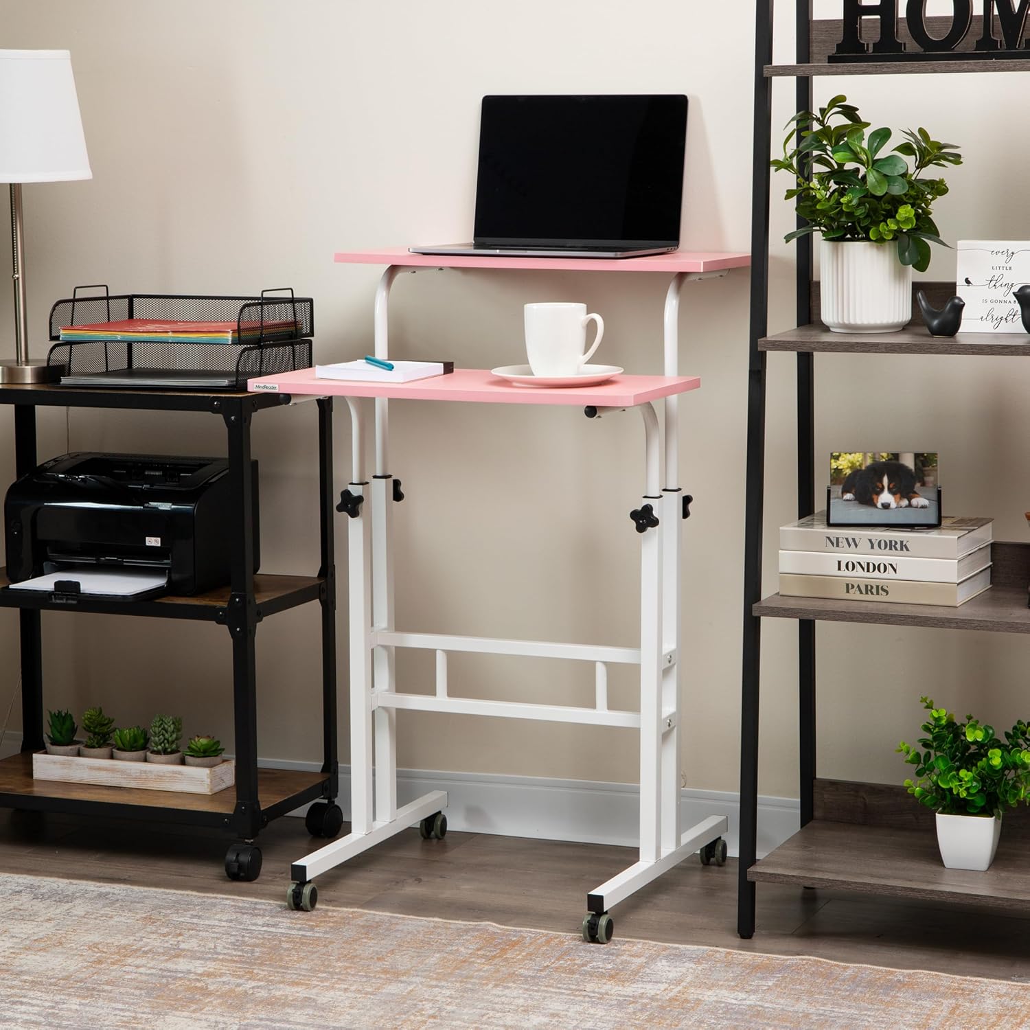 Mind Reader Standing Desk, Adjustable Height Laptop Workstation, Portable Rolling Desk on Wheels, Two-Tier Metal Frame, Black