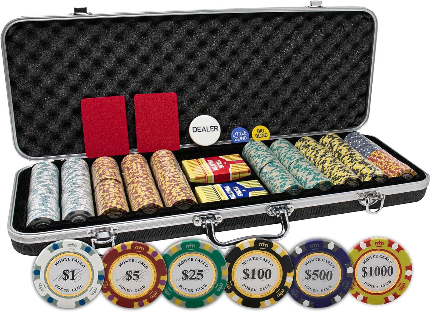 DA VINCI Monte Carlo Poker Club Set of 500 14 Gram 3 Tone Chips with Upgrade Ding Proof Black ABS Case, 2 Decks Plastic Playing Cards, 2 Cut Cards