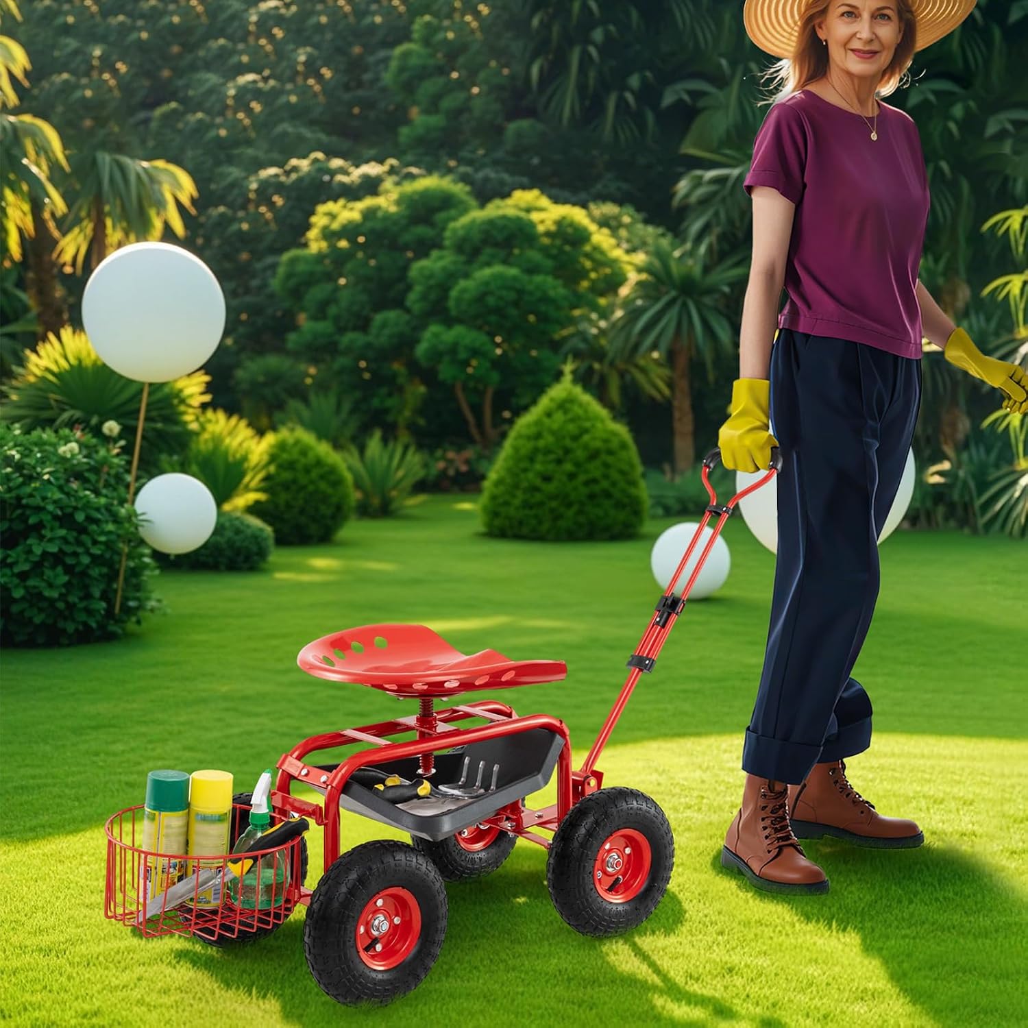 Giantex Rolling Garden Cart with Seat, 4-Wheel Gardening Workseat with Storage Basket, Swivel Stool Adjustable Seat, Steering Handle