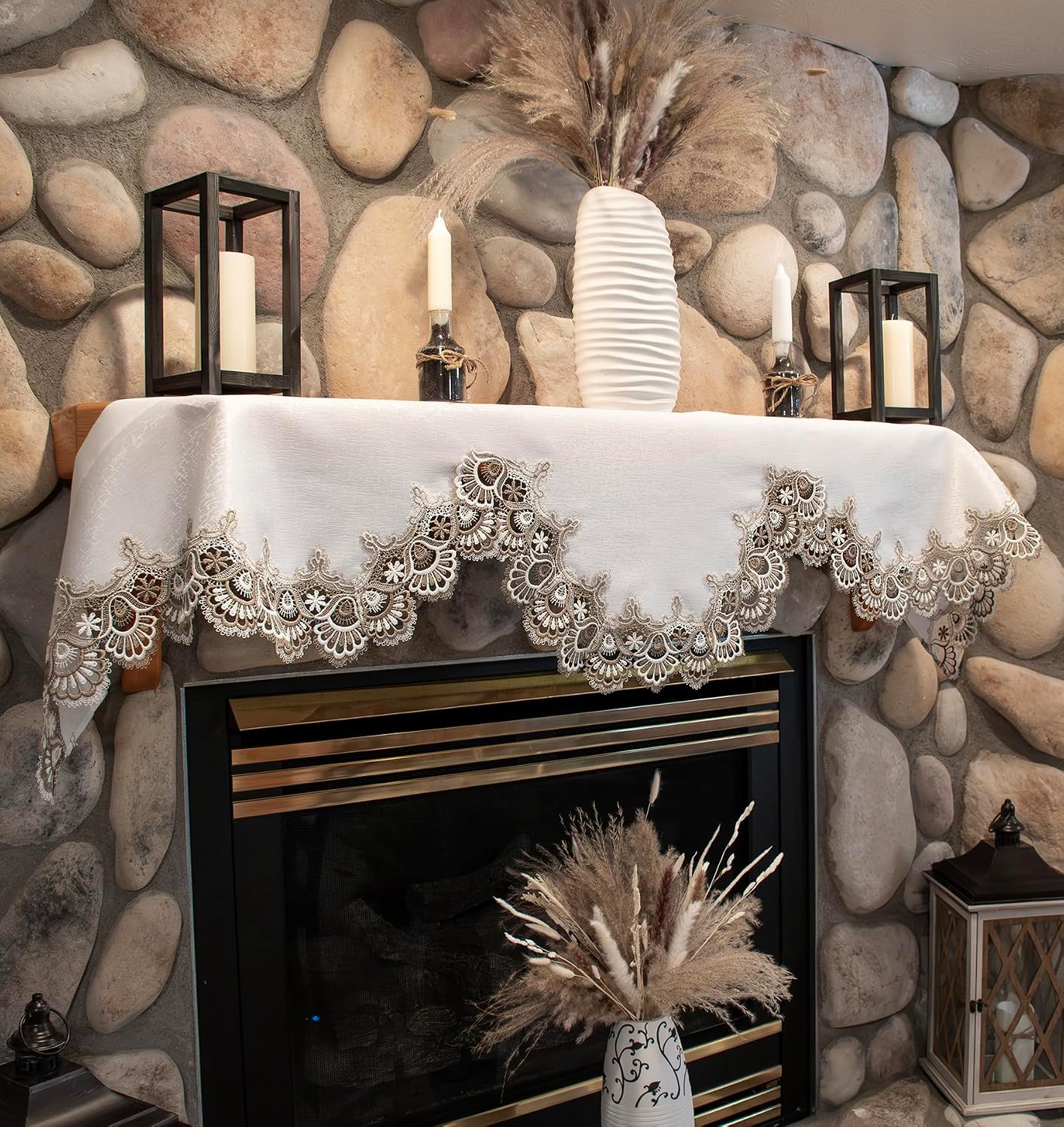 Linens, Art and Things Mantel Scarf Cocoa Earth Tone and White Jacquard (19" x 90")