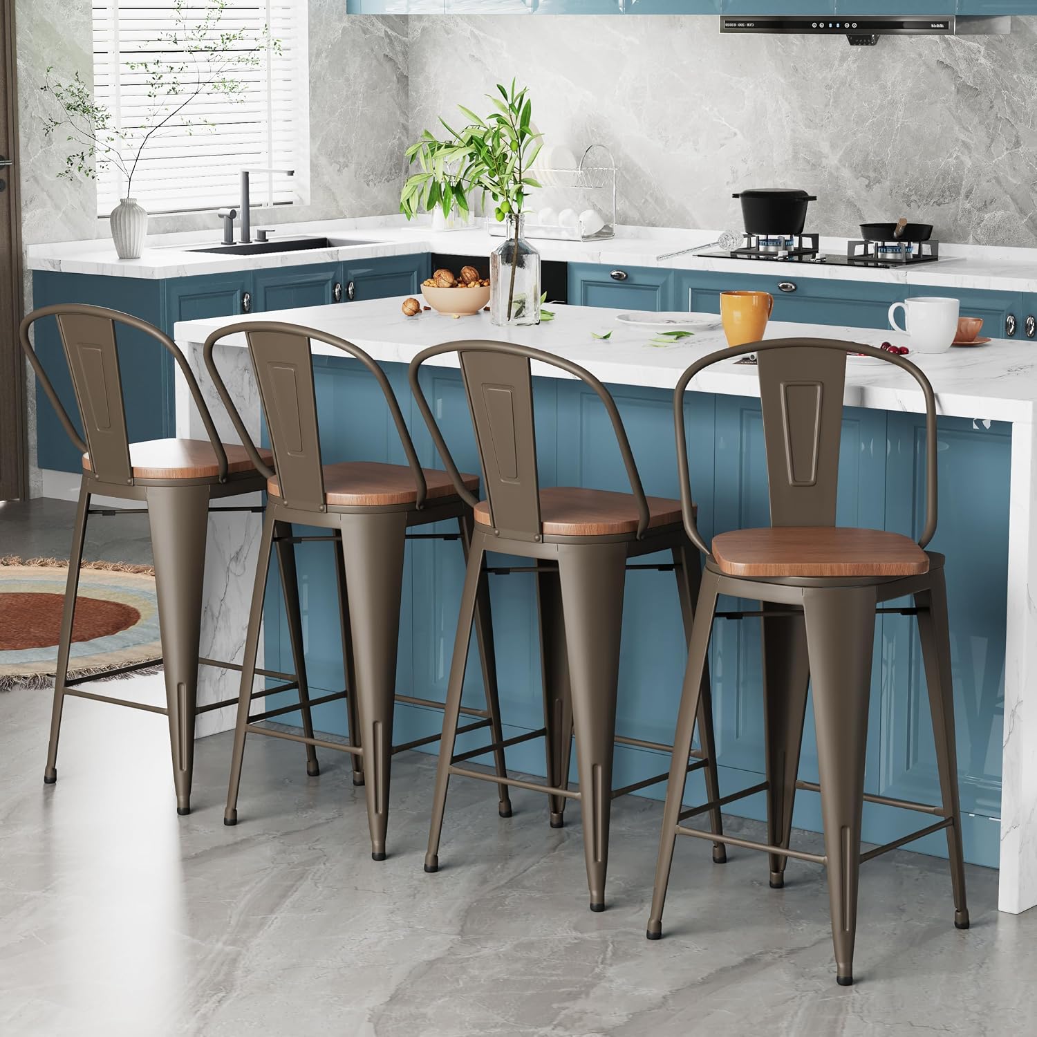 Alunaune 24" Swivel Metal Bar Stools Set of 4 High Back Counter Height Barstools Industrial Dining Bar Chairs with Large Wooden Seat-Matte Black