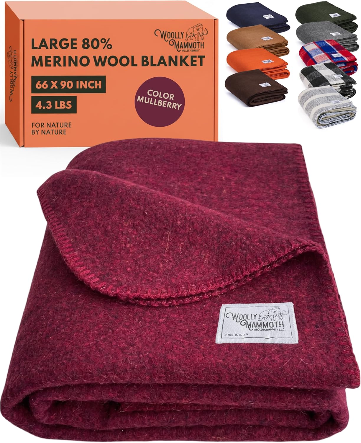 Woolly Mammoth Woolen Company Merino Wool Blanket, 66" x 90" Moss | Temperature Regulating - Fire-Resistant - Warm Camping Blanket for Car Emergency Kits, Picnics, Summer Festivals and Stadiums