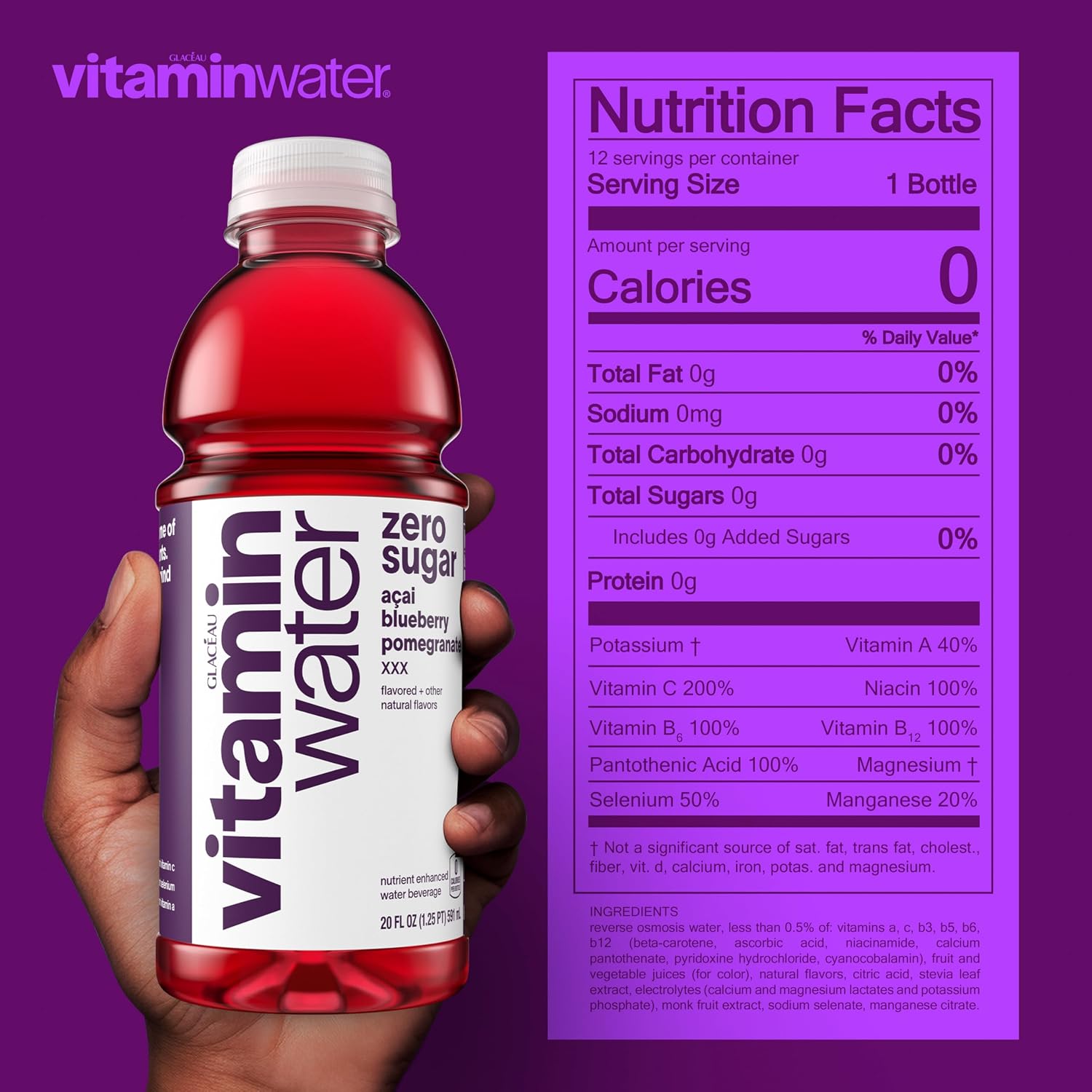 vitaminwater Squeezed Lemonade Zero Sugar, Flavored Water Beverage Bottles, 20 fl oz, 12 Pack