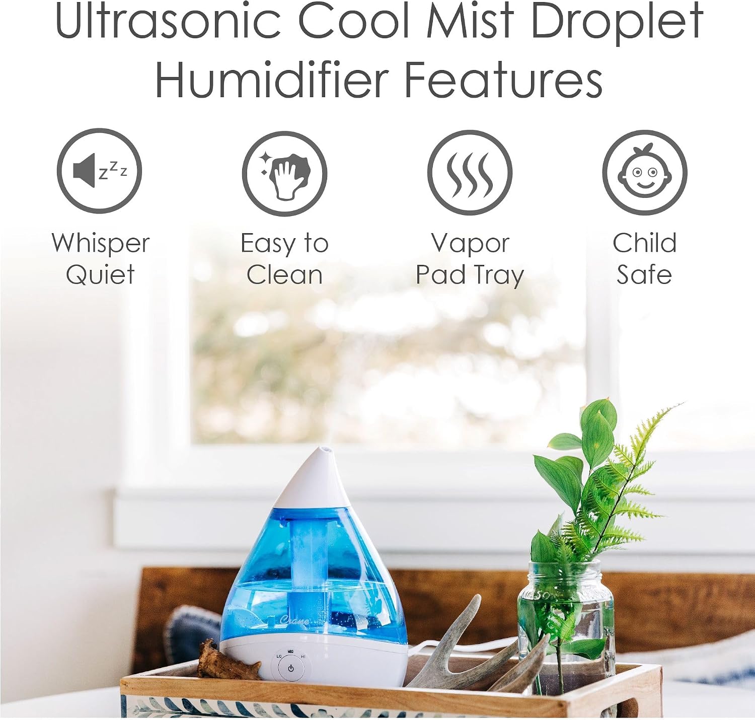 Crane Droplet Ultrasonic Small Air Humidifiers for Bedroom and Office, 0.5 Gallon Cool Mist Humidifier for Plants and Home, Humidifier Filters Optional, Blue and White