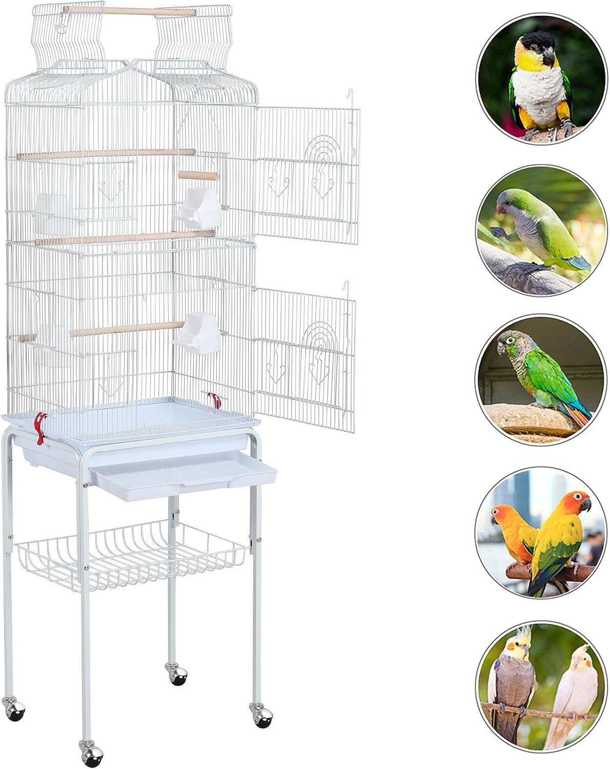 Yaheetech 64'' Open Top Bird Cage for Parakeets & Cockatiels, Black | Detachable Rolling Stand, Easy-clean Slide Tray, Multi-door Access, 3/8" Bar Spacing, Indoor/Outdoor Use