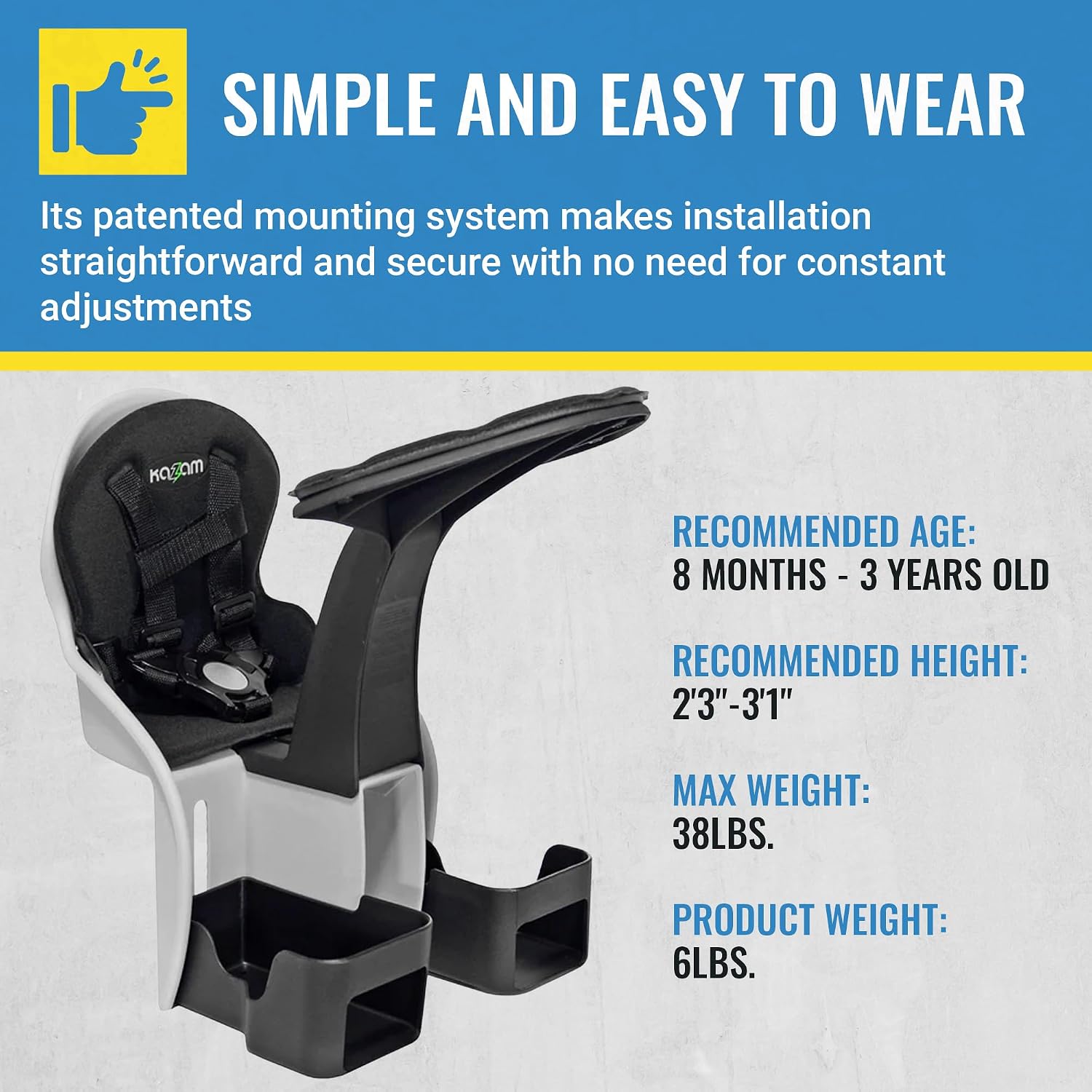 KaZAM Front-Mounted Child Bike Seat – Kangaroo & Wallaby Models with Padded Front Bumper/Dashboard
