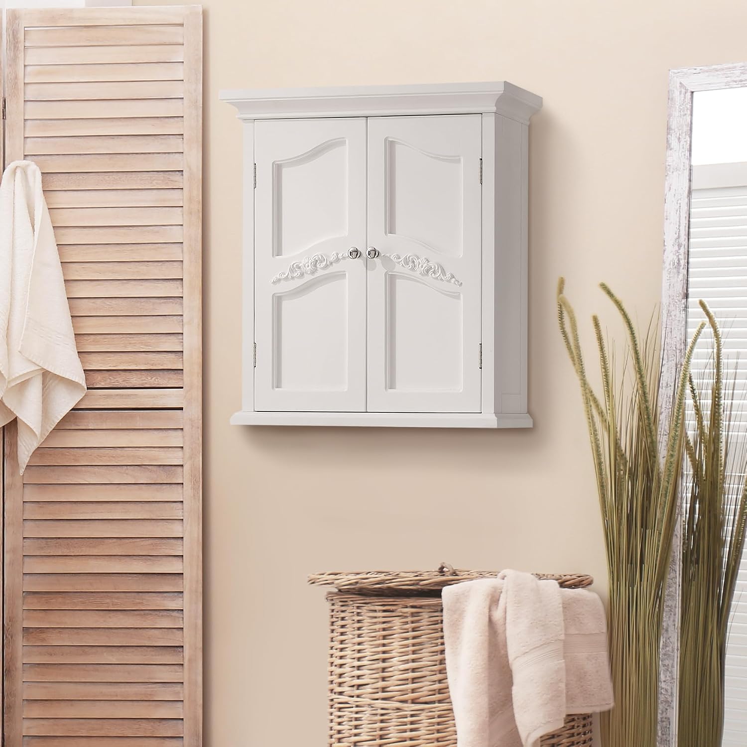 Teamson Home Versailles Wooden Floor Storage Cabinet and Wall Cabinet with Adjustable Shelves and Floral Scroll Doors, White