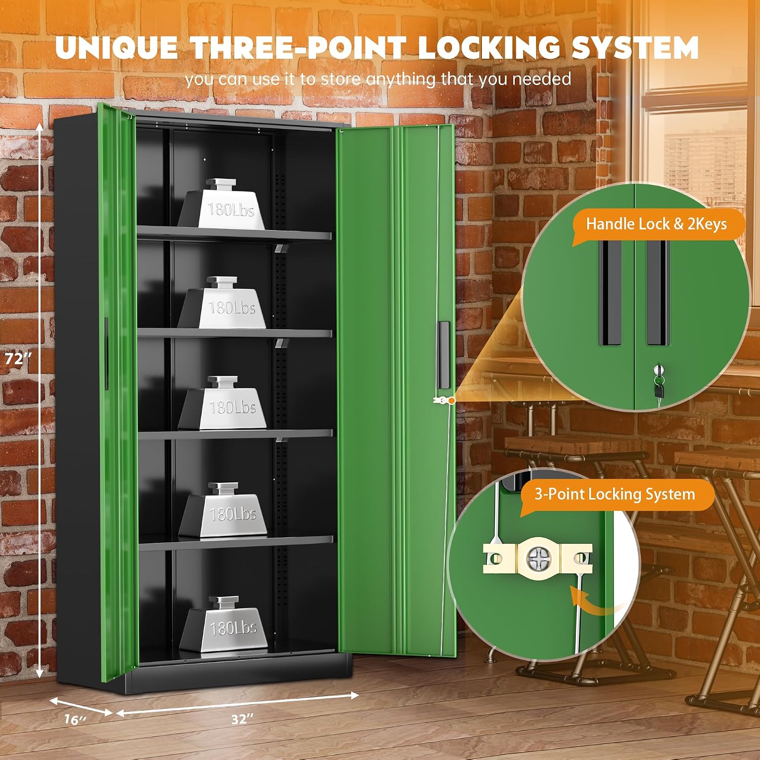 Greenvelly Steel SnapIt Storage Cabinet, 72" Locking Metal Garage Storage Cabinet with 4 Adjustable Shelves, 2 Doors and Lock for File, Office, Garage