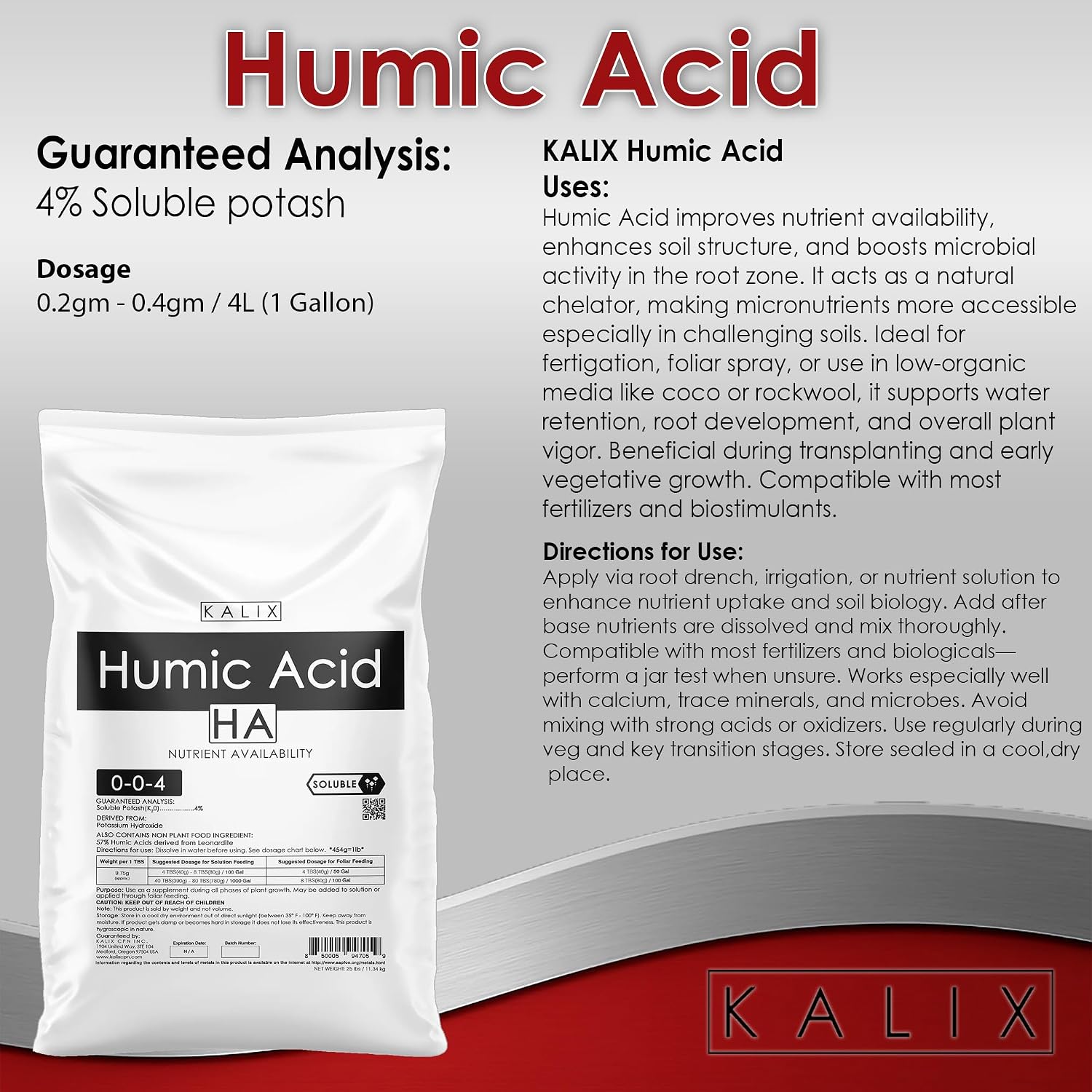 KALIX Humic Acid Fertilizer | Water-Soluble Organic Soil Conditioner for Root Growth & Nutrient Uptake | Improves Soil Structure & Plant Health