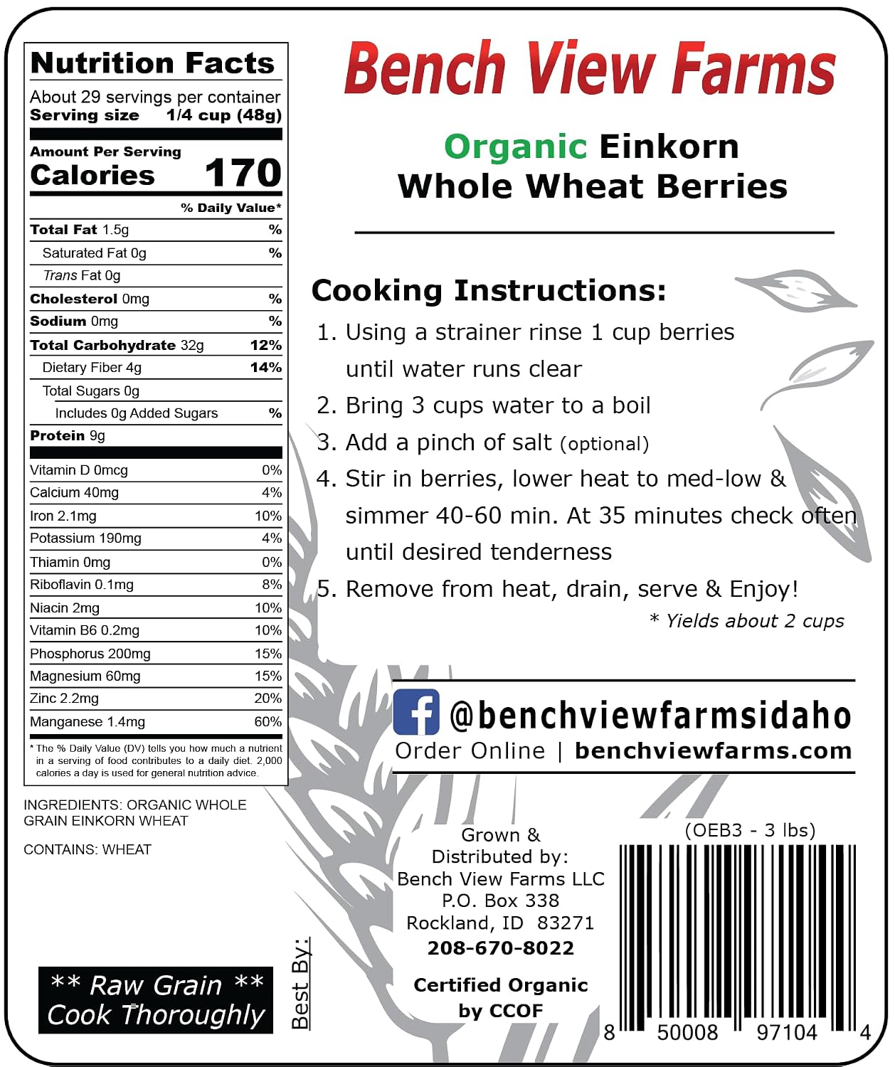 Organic Einkorn Wheat Berries - 3lbs