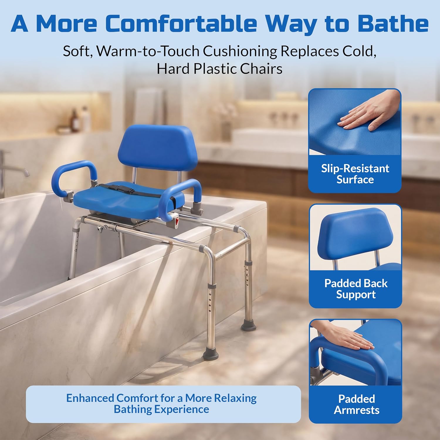 Carousel Sliding Shower Chair Tub Transfer Bench with Swivel Seat Elderly | Slide Safely In & Out of the Tub - Blue, padded seat, padded armrests, swivel seat, backrest, portable, tool-free assembly