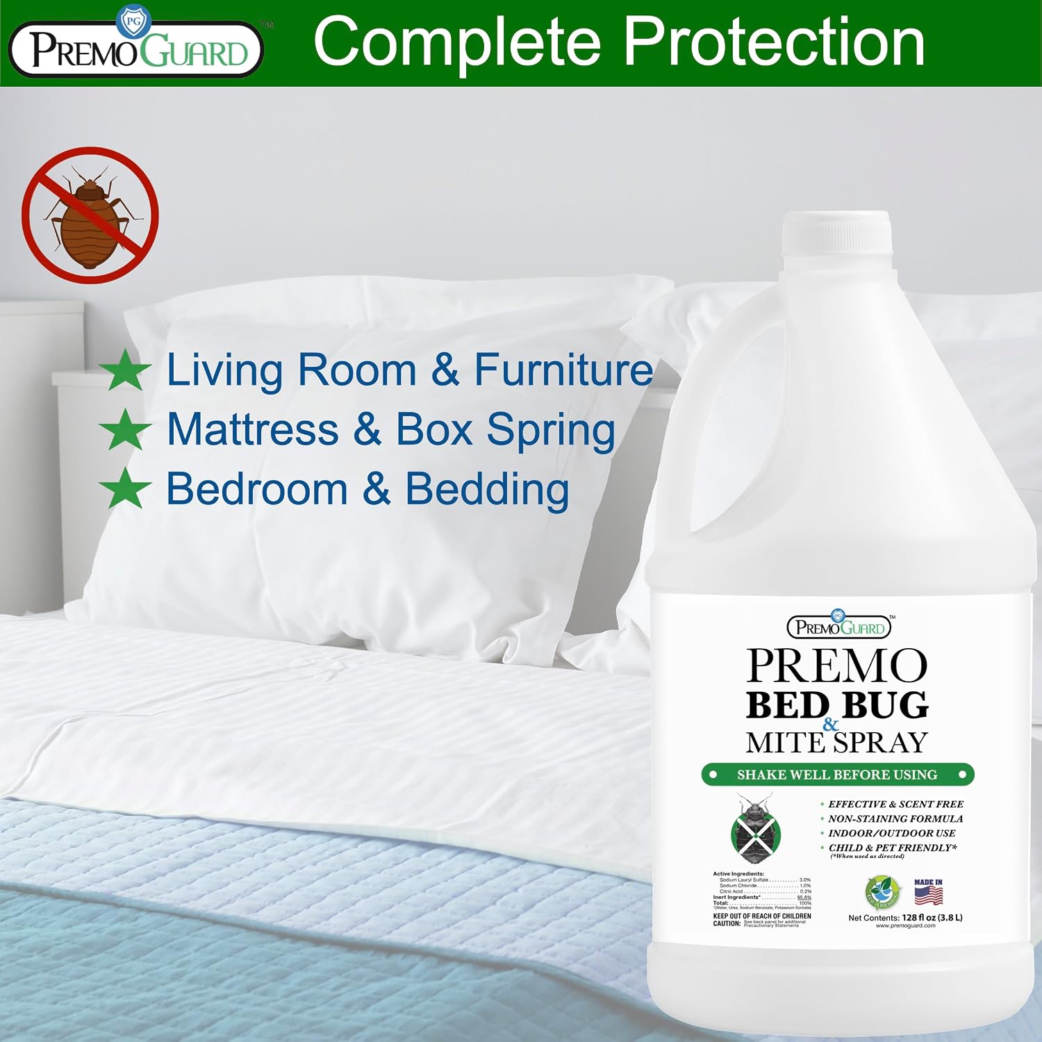 Premo Guard Bed Bug & Mite Killer Spray – University Tested 100% Kill Rate | Natural, Safe for Bedding, Furniture, Fabrics, and Clothing, Non Toxic, Stain & Scent Free, Child & Pet Safe