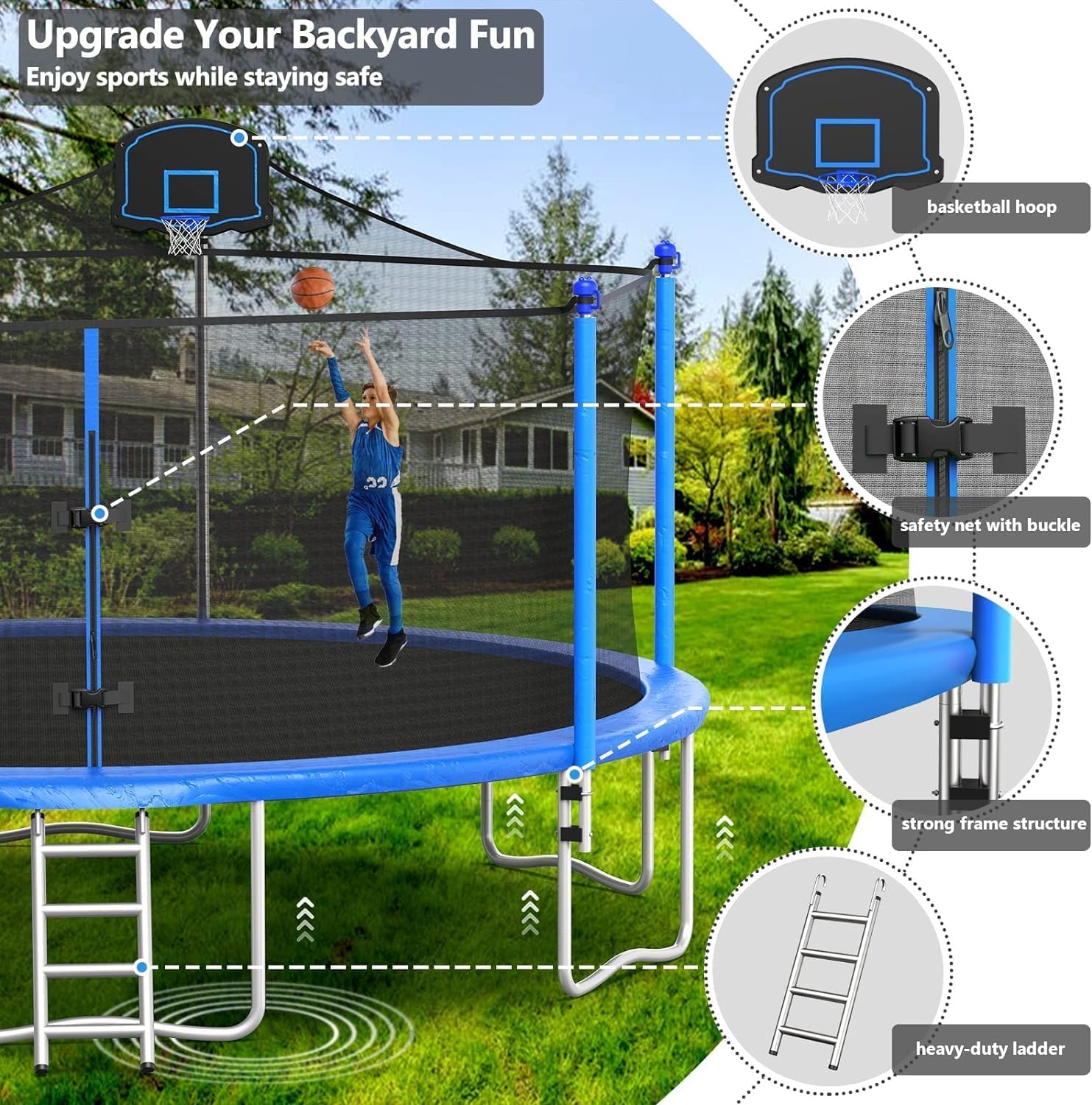 10 12 14 16FT Trampoline Outdoor, Light/Sprinkler/Basketball Hoop | Large Recreational Trampoline for Kids and Adults, Heavy Duty Yard Trampolines with Enclosure Net, ASTM Approval