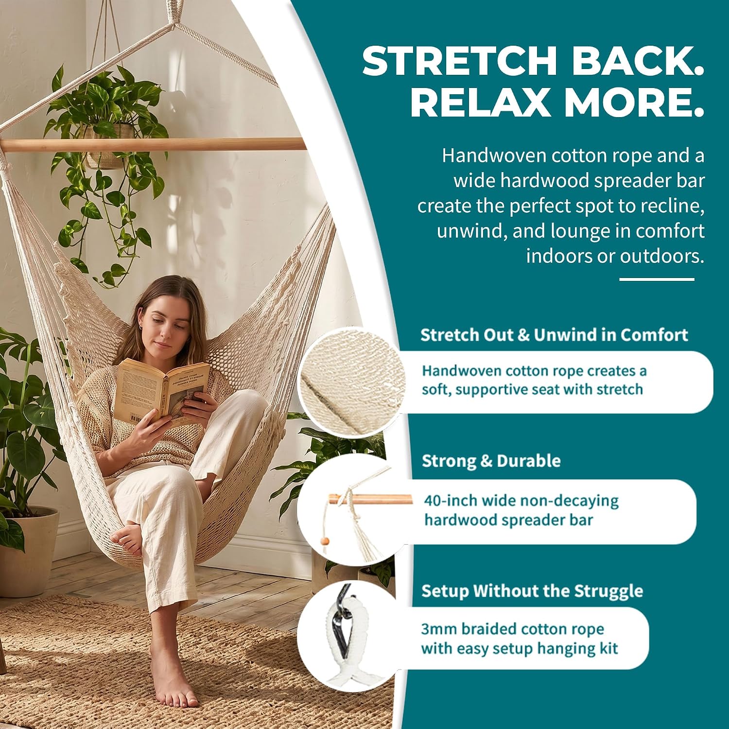 Bliss Hammocks BHC-412NT Island Rope Hammock Chair, Eco Friendly & Hand Woven, Varnish Coated 40 Inch Wood Spreader, Easy to Hang w/Included Hanging Kit, Supports up to 265 pounds, Natural Rope