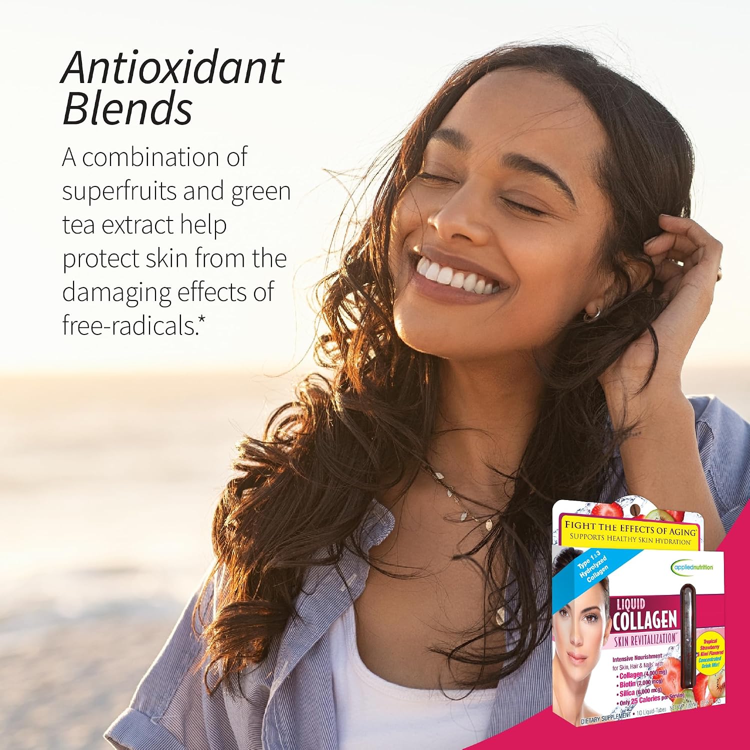 Applied Nutrition Liquid Collagen Skin Revitalization - 10 Liquid Tubes - Collagen, Biotin & Silica - Tropical Strawberry & Kiwi Flavor - 10 Servings